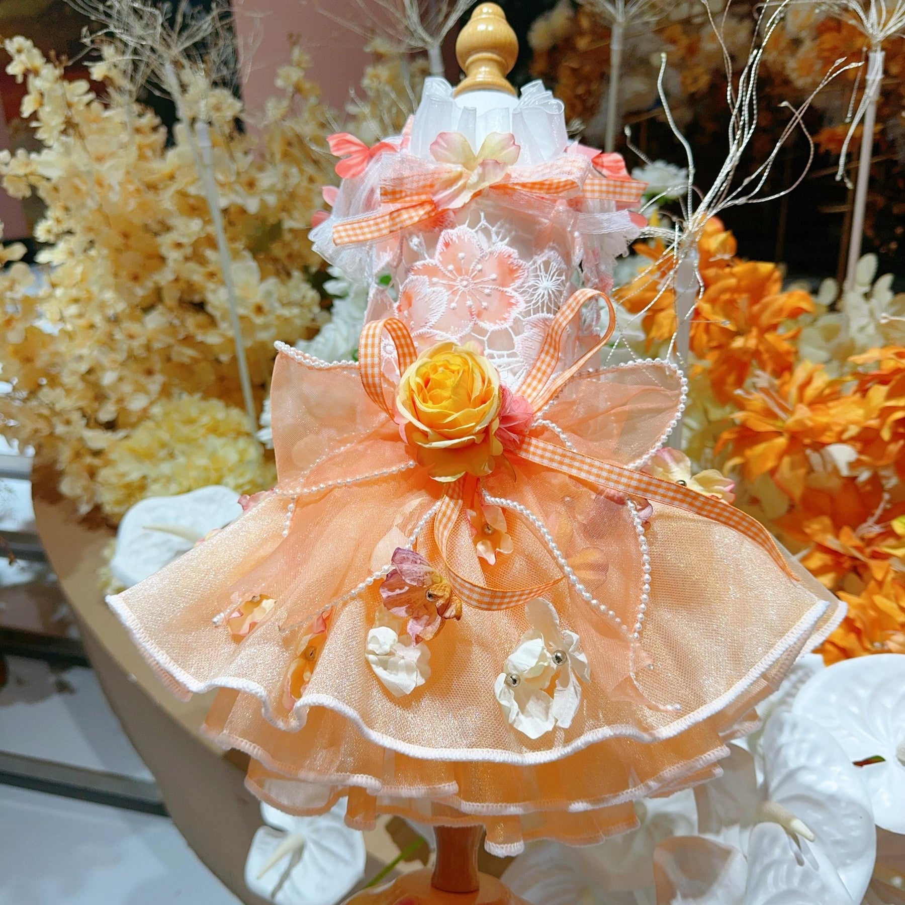 Coco Rosette Orange Floral Dog Dress, Autumn Wedding Guest Dog Outfit, Princess Birthday Dress for Dogs, Flower Pet Gown, Custom Size — product photograph 5 of 9.