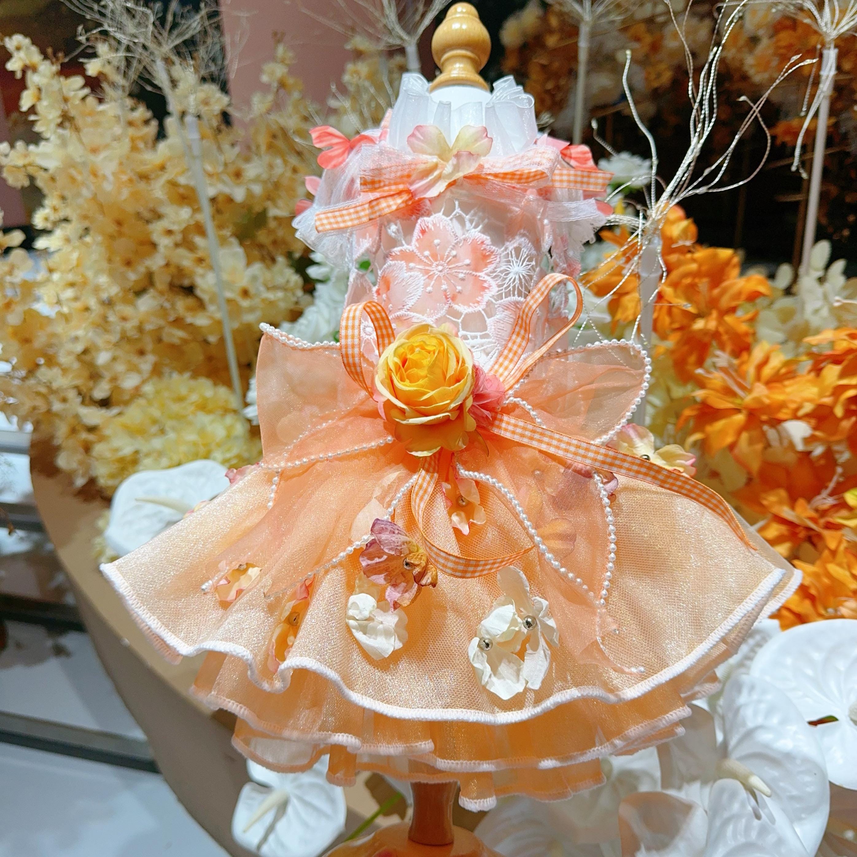Coco Rosette Orange Floral Dog Dress, Autumn Wedding Guest Dog Outfit, Princess Birthday Dress for Dogs, Flower Pet Gown, Custom Size — product photograph 5 of 9.