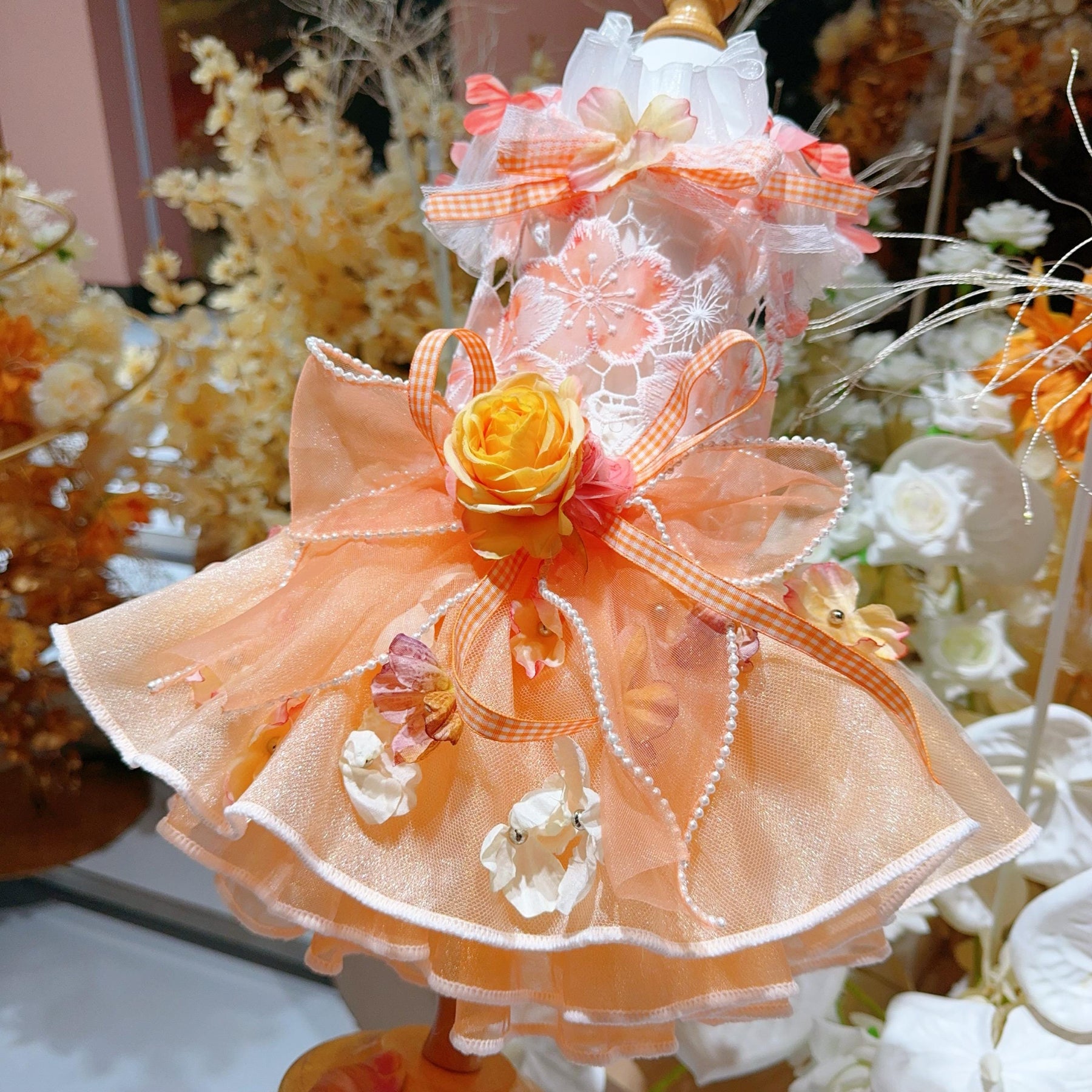 Coco Rosette Orange Floral Dog Dress, Autumn Wedding Guest Dog Outfit, Princess Birthday Dress for Dogs, Flower Pet Gown, Custom Size — product photograph 6 of 9.