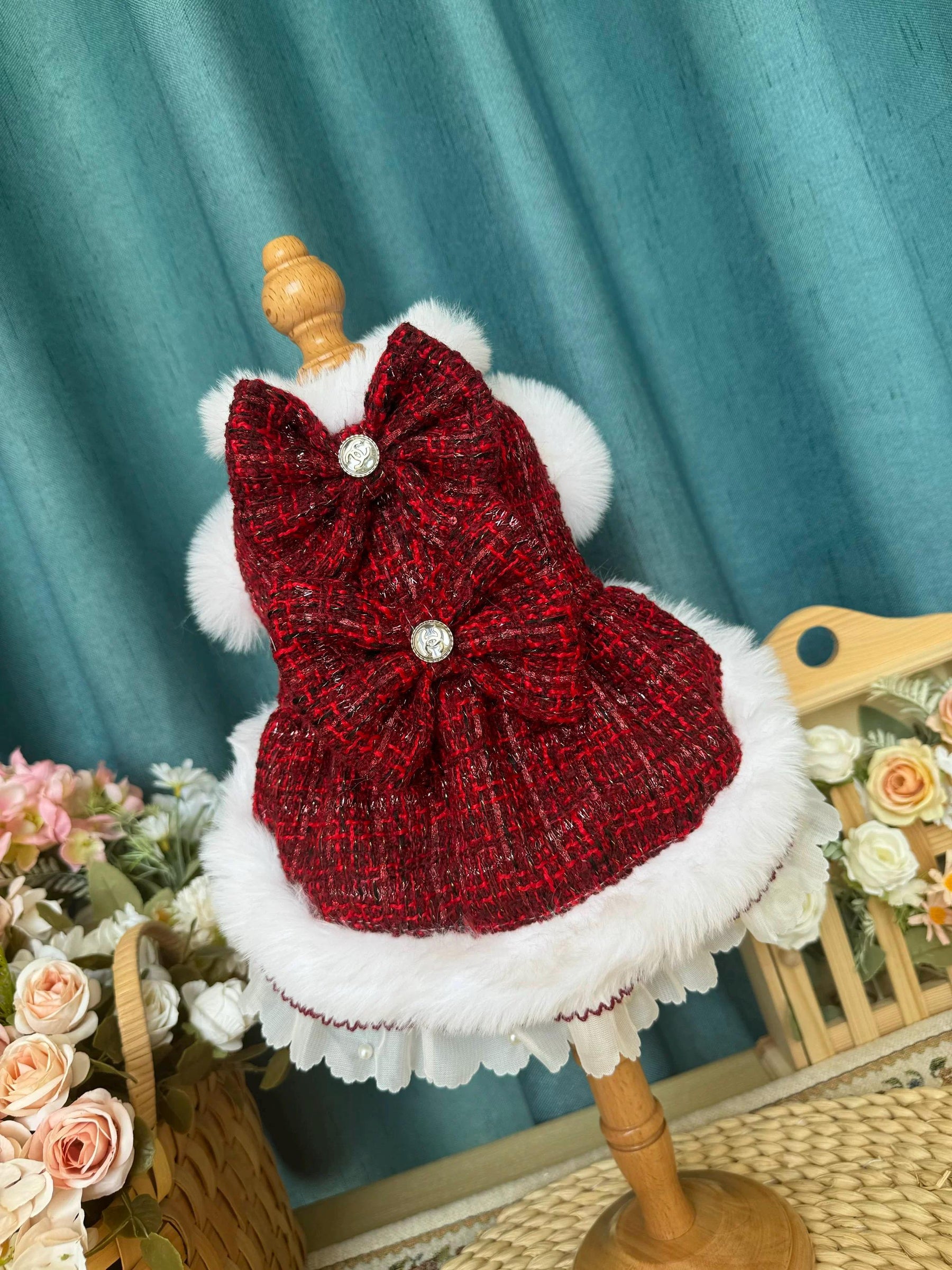 Coco Rosette Red Tweed Dog Harness Dress, Elegant Winter Party Outfit for Dogs, Fur Trim Luxury Pet Dress with D-Ring, Classic Custom Size — product photograph 7 of 7.