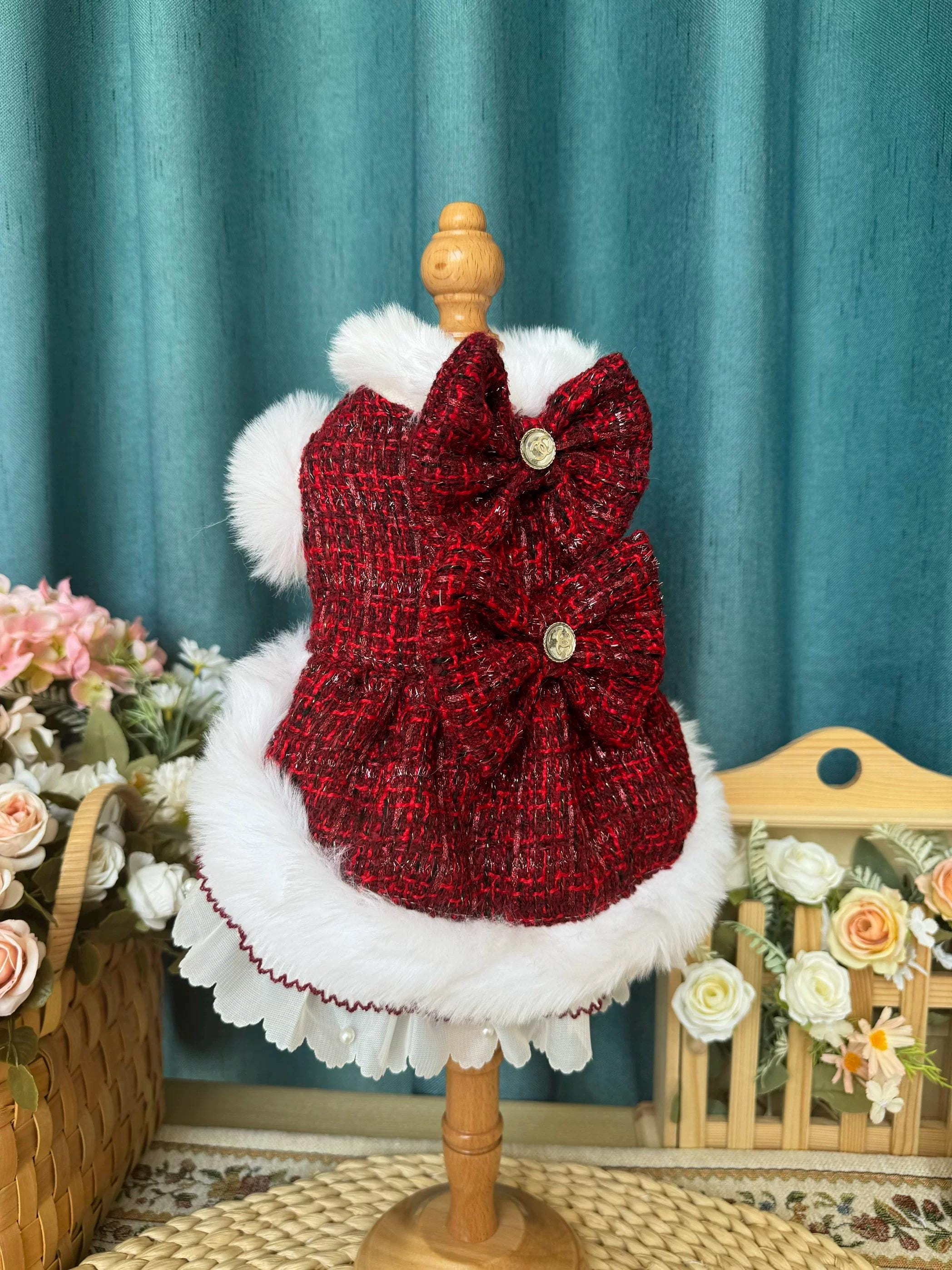 Coco Rosette Red Tweed Dog Harness Dress, Elegant Winter Party Outfit for Dogs, Fur Trim Luxury Pet Dress with D-Ring, Classic Custom Size — product photograph 5 of 7.