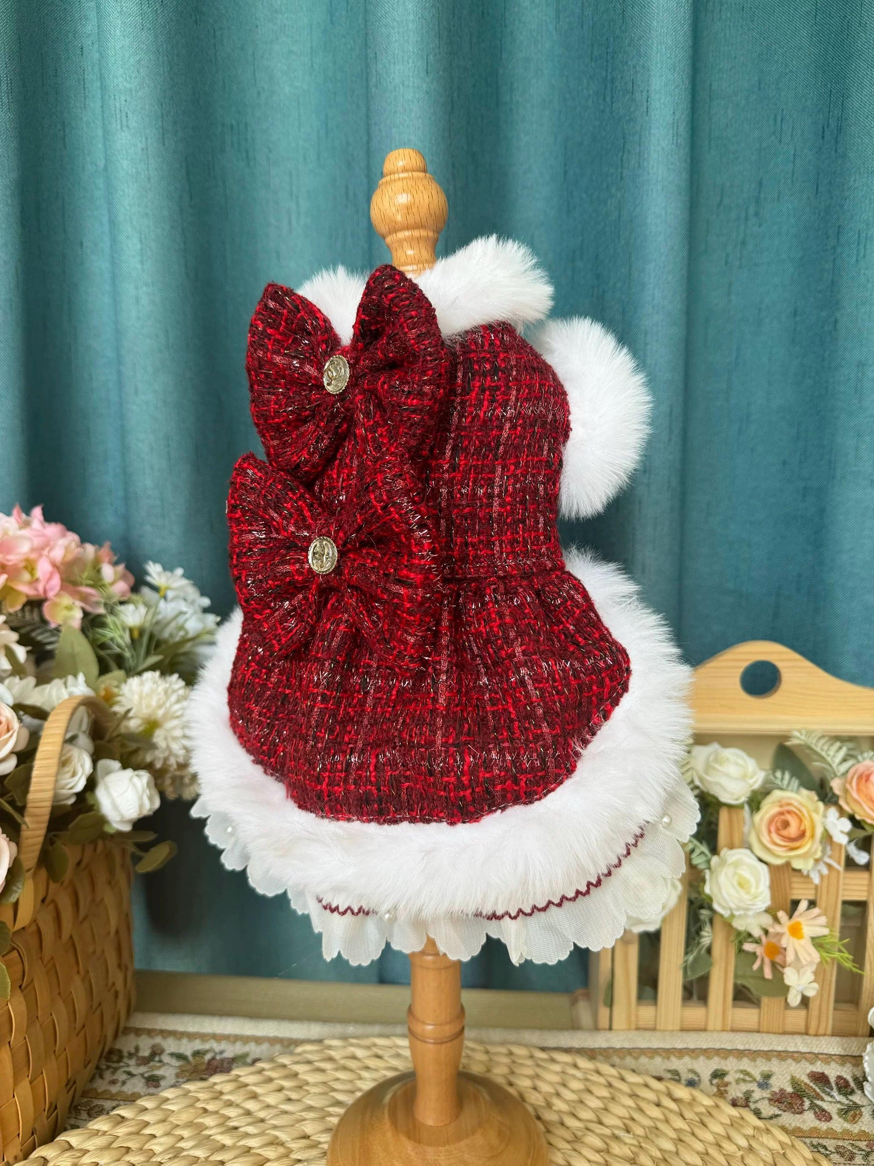 Coco Rosette Red Tweed Dog Harness Dress, Elegant Winter Party Outfit for Dogs, Fur Trim Luxury Pet Dress with D-Ring, Classic Custom Size — product photograph 6 of 7.