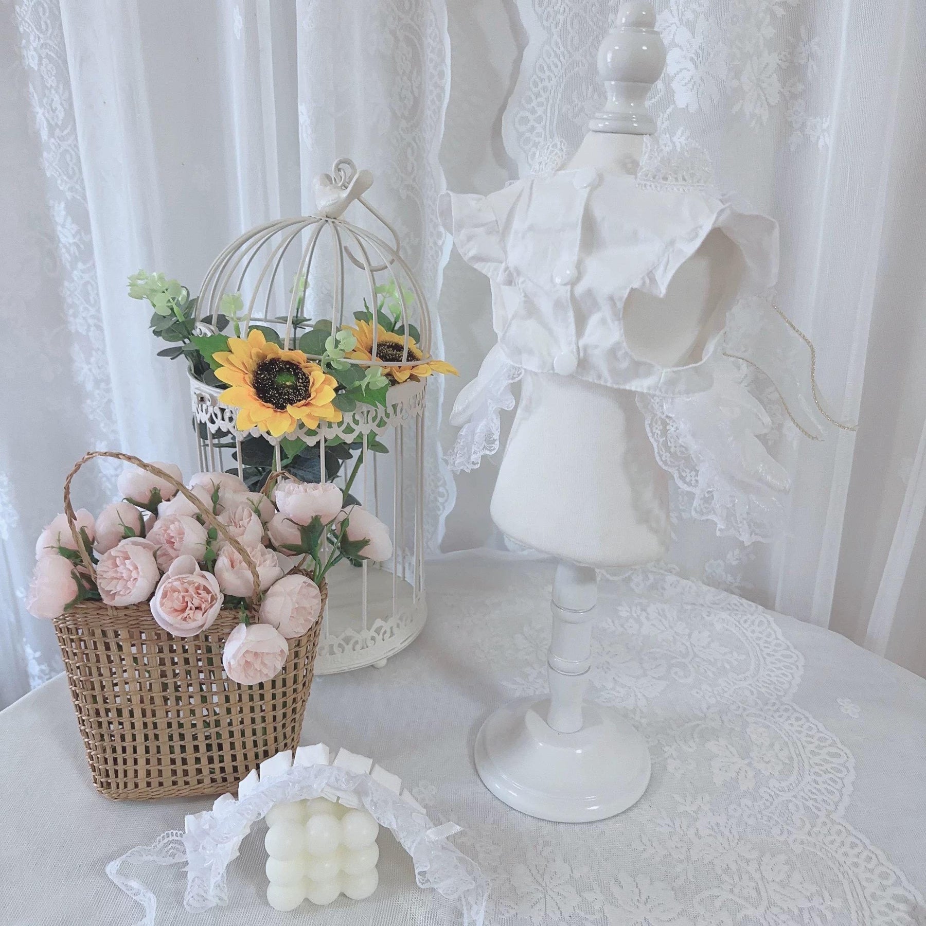 Coco Rosette Dog Wedding Dress with Headband Set, White Dog Gown, Bride Dog Outfit, Princess Dress for Small Dogs, Pet Wedding Photo Outfit — product photograph 4 of 6.
