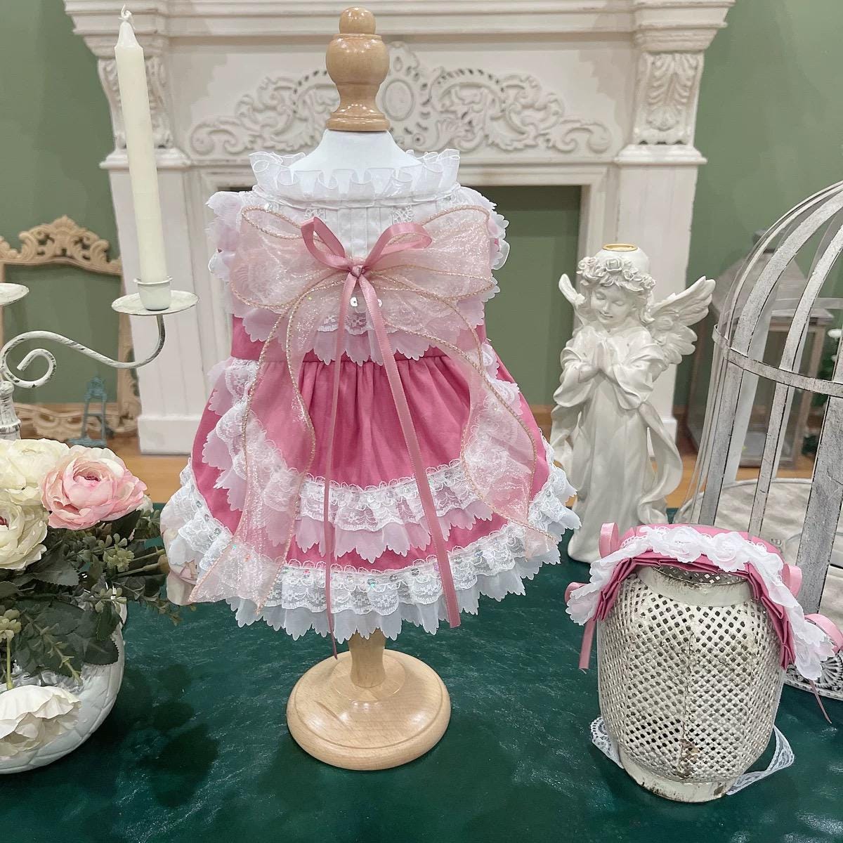 Coco Rosette Pink Dog Dress with Headband, Princess Birthday Outfit for Dogs, Flower Dog Dress Set, Pet Party Gown, Custom Size Dog Dress — product photograph 1 of 4.