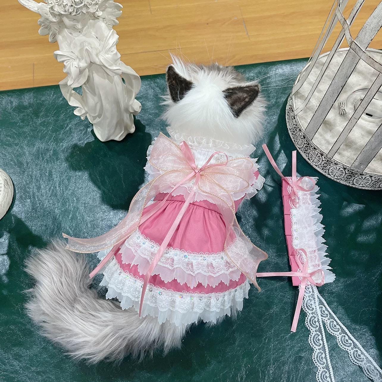 Coco Rosette Pink Dog Dress with Headband, Princess Birthday Outfit for Dogs, Flower Dog Dress Set, Pet Party Gown, Custom Size Dog Dress — product photograph 4 of 4.