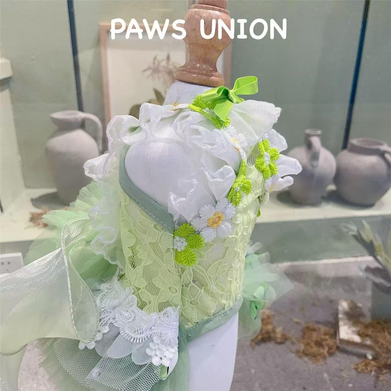 Coco Rosette Green Floral Dog Dress, Garden Wedding Dog Outfit, Fairy Princess Pet Gown for Dogs and Cats, Spring Birthday Dress, Custom Size — product photograph 6 of 8.