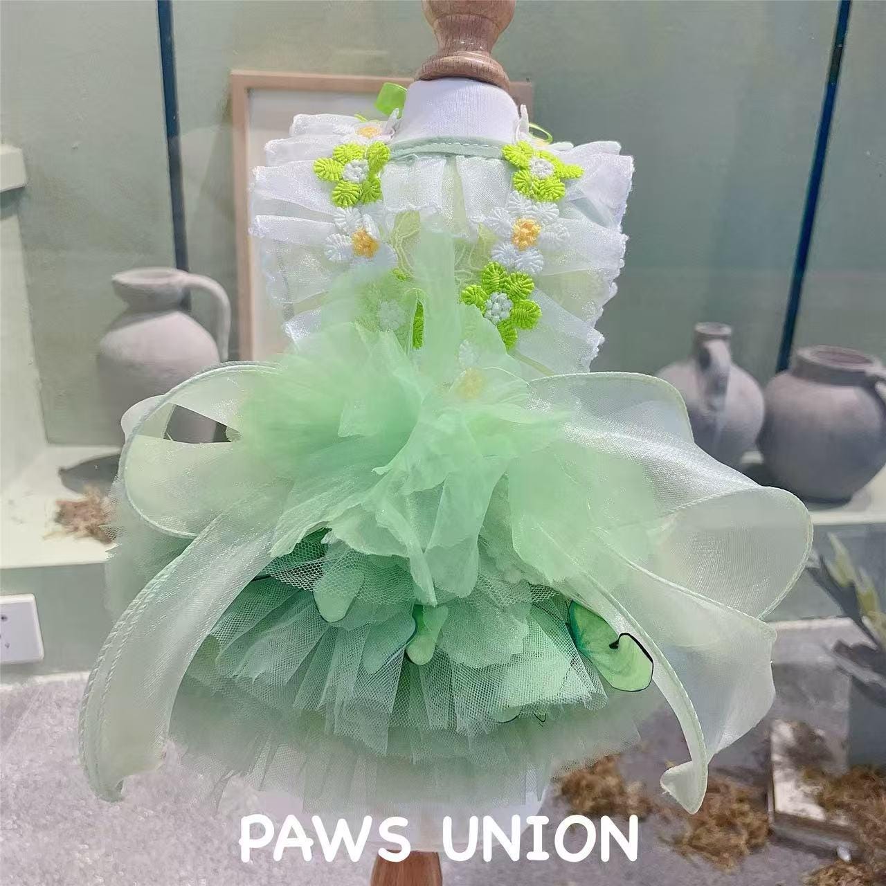 Coco Rosette Green Floral Dog Dress, Garden Wedding Dog Outfit, Fairy Princess Pet Gown for Dogs and Cats, Spring Birthday Dress, Custom Size — product photograph 5 of 8.