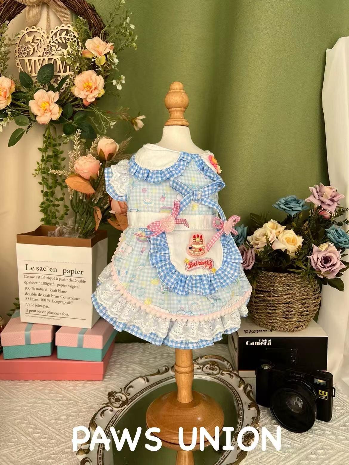Coco Rosette Blue Gingham Dog Birthday Dress, Cake Print Lolita Pet Outfit, Cute Princess Party Dress for Dogs, Birthday Photoshoot, Custom Size — product photograph 2 of 4.
