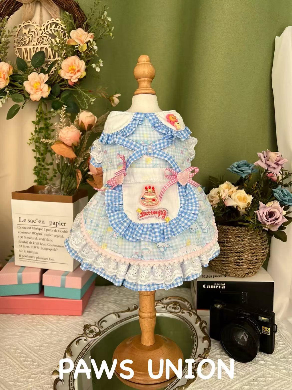 Coco Rosette Blue Gingham Dog Birthday Dress, Cake Print Lolita Pet Outfit, Cute Princess Party Dress for Dogs, Birthday Photoshoot, Custom Size — product photograph 3 of 4.