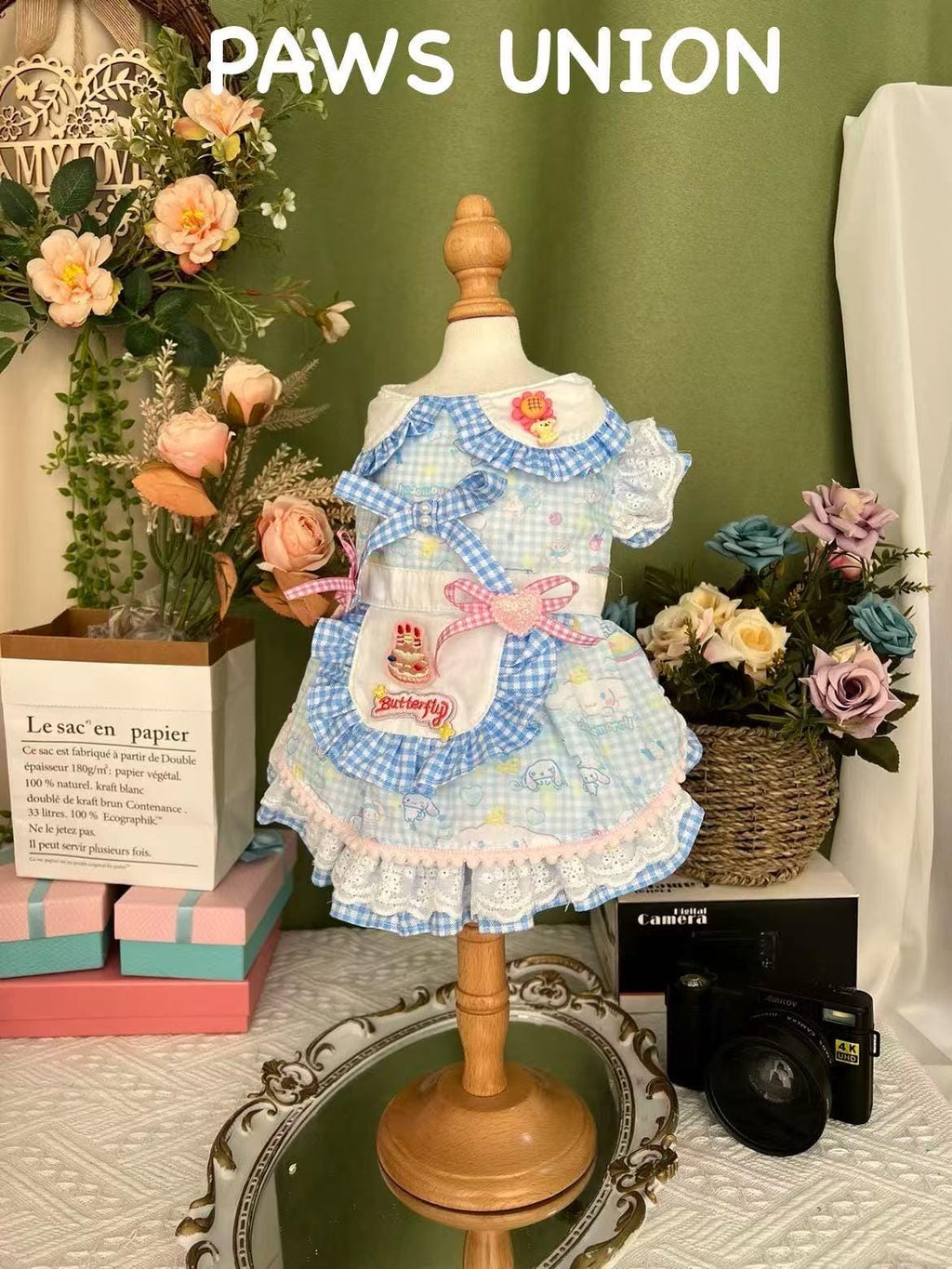 Coco Rosette Blue Gingham Dog Birthday Dress, Cake Print Lolita Pet Outfit, Cute Princess Party Dress for Dogs, Birthday Photoshoot, Custom Size — product photograph 4 of 4.