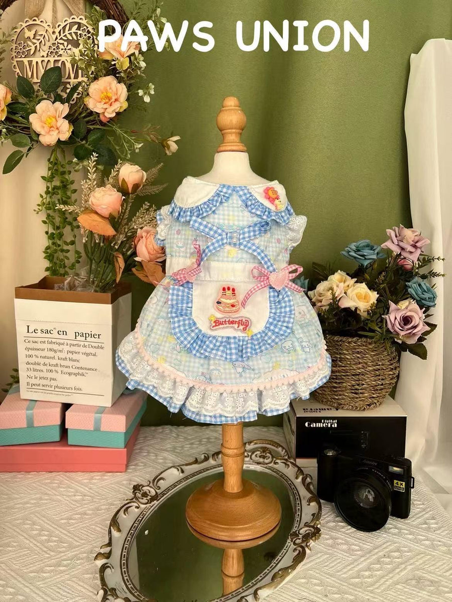 Coco Rosette Blue Gingham Dog Birthday Dress, Cake Print Lolita Pet Outfit, Cute Princess Party Dress for Dogs, Birthday Photoshoot, Custom Size — product photograph 1 of 4.
