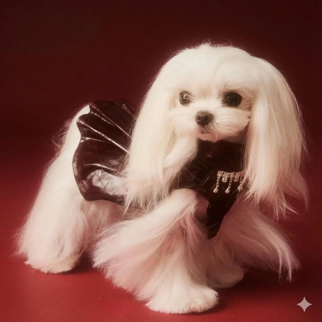 Coco Rosette Burgundy Dog Party Dress, Faux Leather Pet Gown with Rhinestone Fringe, Glam Evening Outfit for Small Dogs, Luxury Dog Dress — product photograph 8 of 12.