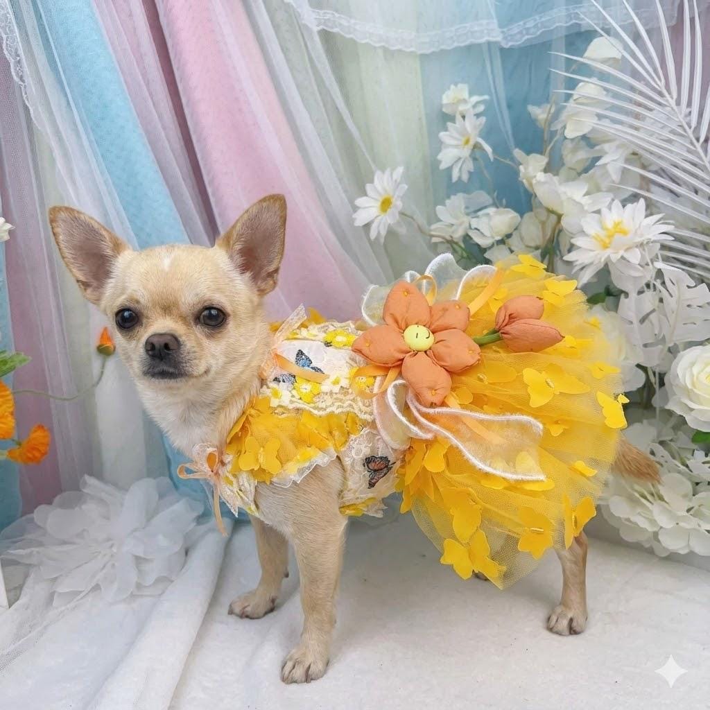 Coco Rosette Floral Dog Dress, Flower Girl Dog Outfit, Princess Birthday Dress for Small Dogs, Garden Party Pet Gown, Custom Size Dog Dress — product photograph 1 of 5.