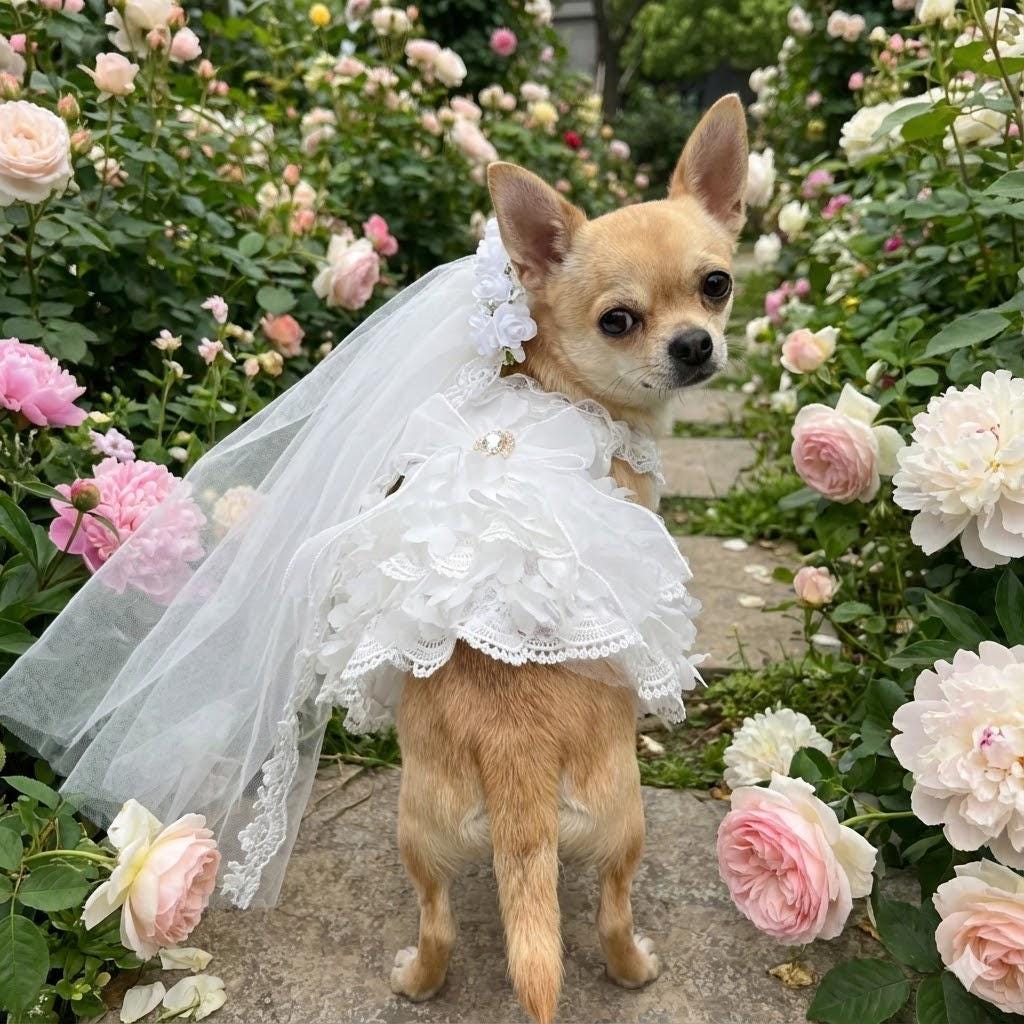 Coco Rosette Dog Wedding Dress with Veil, White Lace Dog Gown, Bride Dog Outfit for Wedding Photos, Princess Dress for Small Dogs XXS to XXL — product photograph 1 of 10.