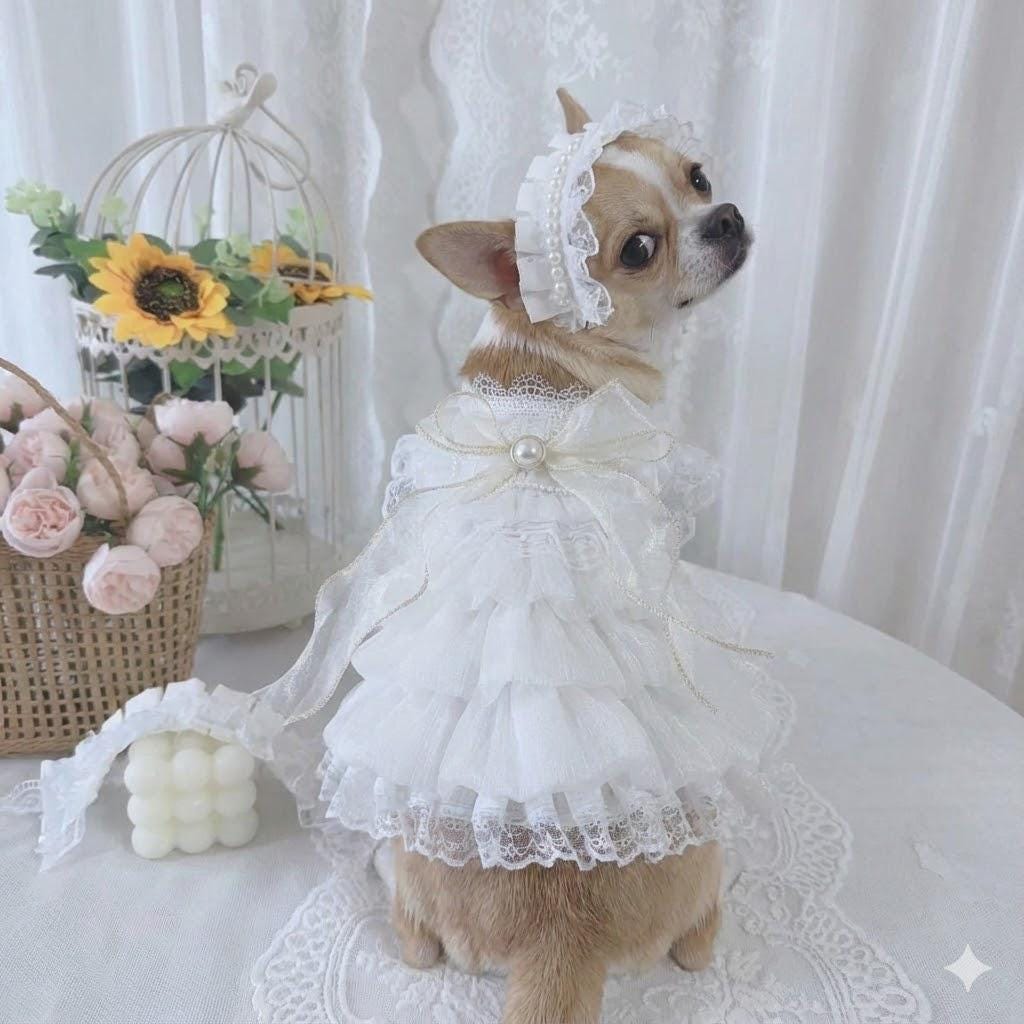 Coco Rosette Dog Wedding Dress with Headband Set, White Dog Gown, Bride Dog Outfit, Princess Dress for Small Dogs, Pet Wedding Photo Outfit — product photograph 1 of 6.