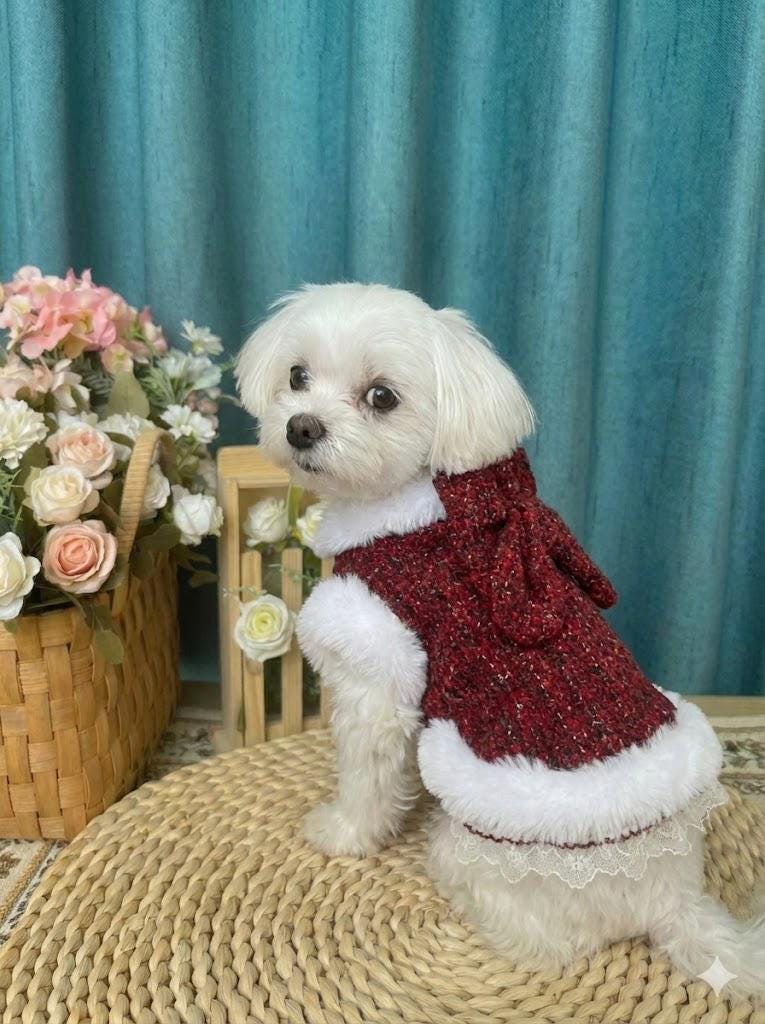 Coco Rosette Red Tweed Dog Harness Dress, Elegant Winter Party Outfit for Dogs, Fur Trim Luxury Pet Dress with D-Ring, Classic Custom Size — product photograph 1 of 7.