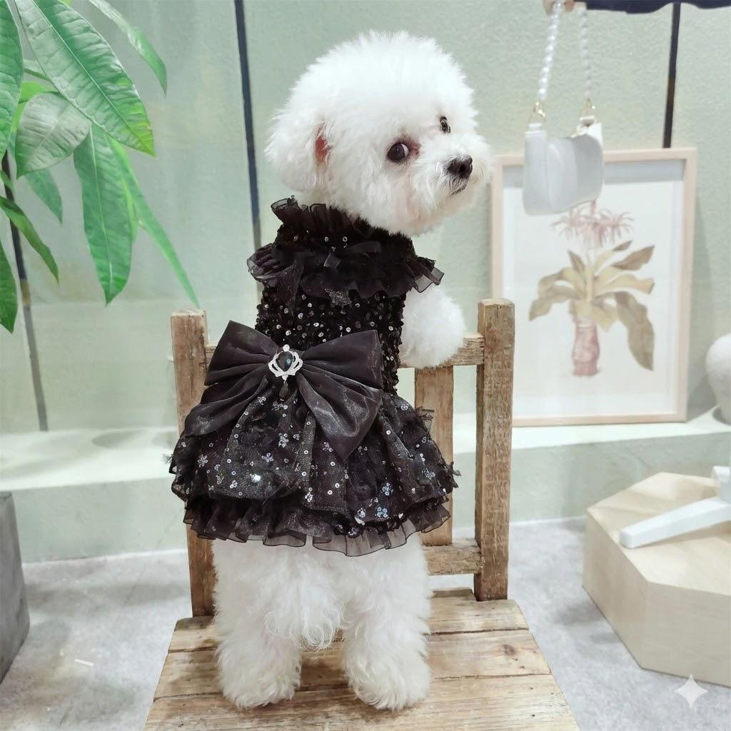 Coco Rosette Black Dog Wedding Dress, Gothic Tulle Dog Gown with Long Train, 3D Flower Princess Dress, Elegant Evening Pet Gown for Dogs Cats — product photograph 1 of 6.