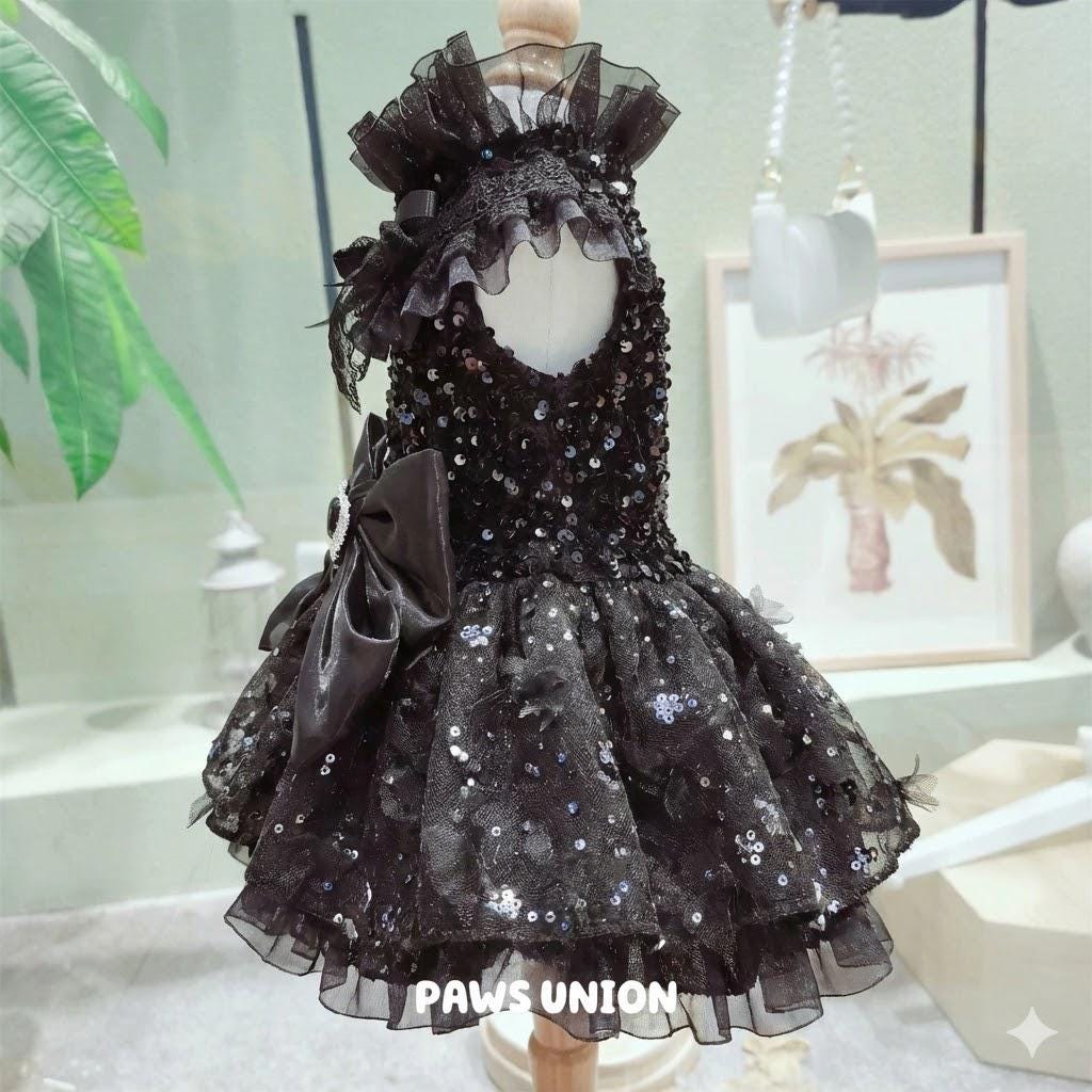 Coco Rosette Black Dog Wedding Dress, Gothic Tulle Dog Gown with Long Train, 3D Flower Princess Dress, Elegant Evening Pet Gown for Dogs Cats — product photograph 3 of 6.