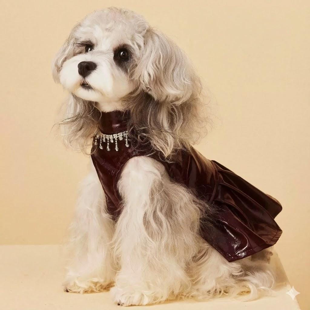 Coco Rosette Burgundy Dog Party Dress, Faux Leather Pet Gown with Rhinestone Fringe, Glam Evening Outfit for Small Dogs, Luxury Dog Dress — product photograph 1 of 12.