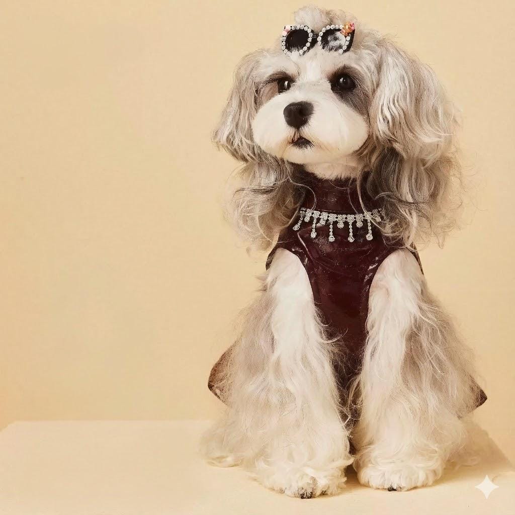 Coco Rosette Burgundy Dog Party Dress, Faux Leather Pet Gown with Rhinestone Fringe, Glam Evening Outfit for Small Dogs, Luxury Dog Dress — product photograph 2 of 12.