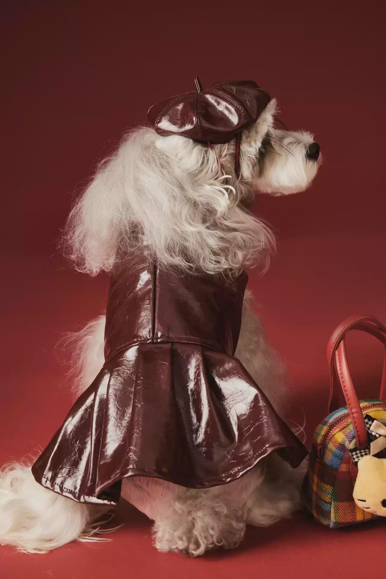 Coco Rosette Burgundy Dog Party Dress, Faux Leather Pet Gown with Rhinestone Fringe, Glam Evening Outfit for Small Dogs, Luxury Dog Dress — product photograph 12 of 12.
