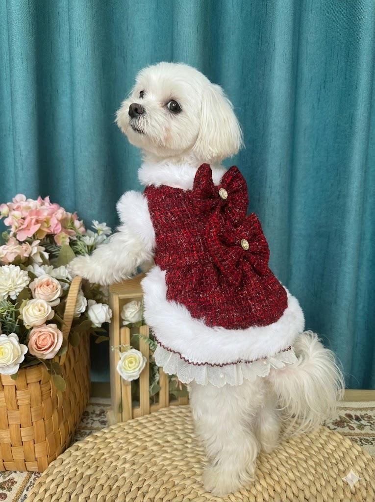 Coco Rosette Red Tweed Dog Harness Dress, Elegant Winter Party Outfit for Dogs, Fur Trim Luxury Pet Dress with D-Ring, Classic Custom Size — product photograph 3 of 7.