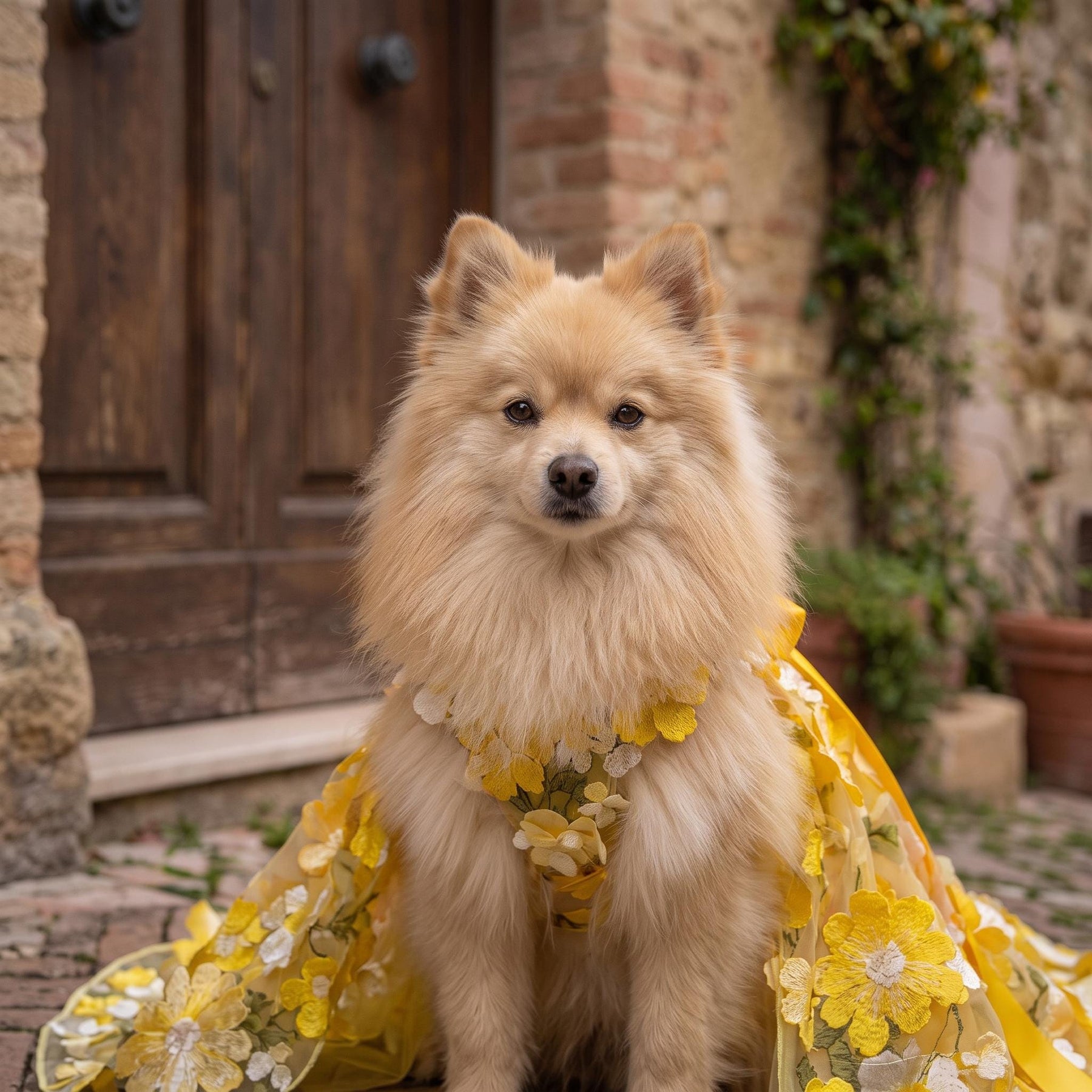 Coco Rosette Yellow Dog Wedding Gown, Sunflower 3D Flower Tulle Dog Dress with Train, Luxury Princess Gown for Dogs, Garden Wedding Pet Outfit — product photograph 3 of 4.