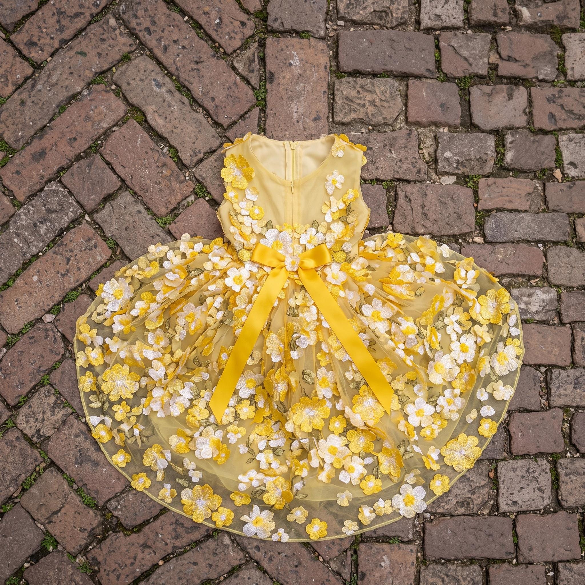 Coco Rosette Yellow Dog Wedding Gown, Sunflower 3D Flower Tulle Dog Dress with Train, Luxury Princess Gown for Dogs, Garden Wedding Pet Outfit — product photograph 4 of 4.
