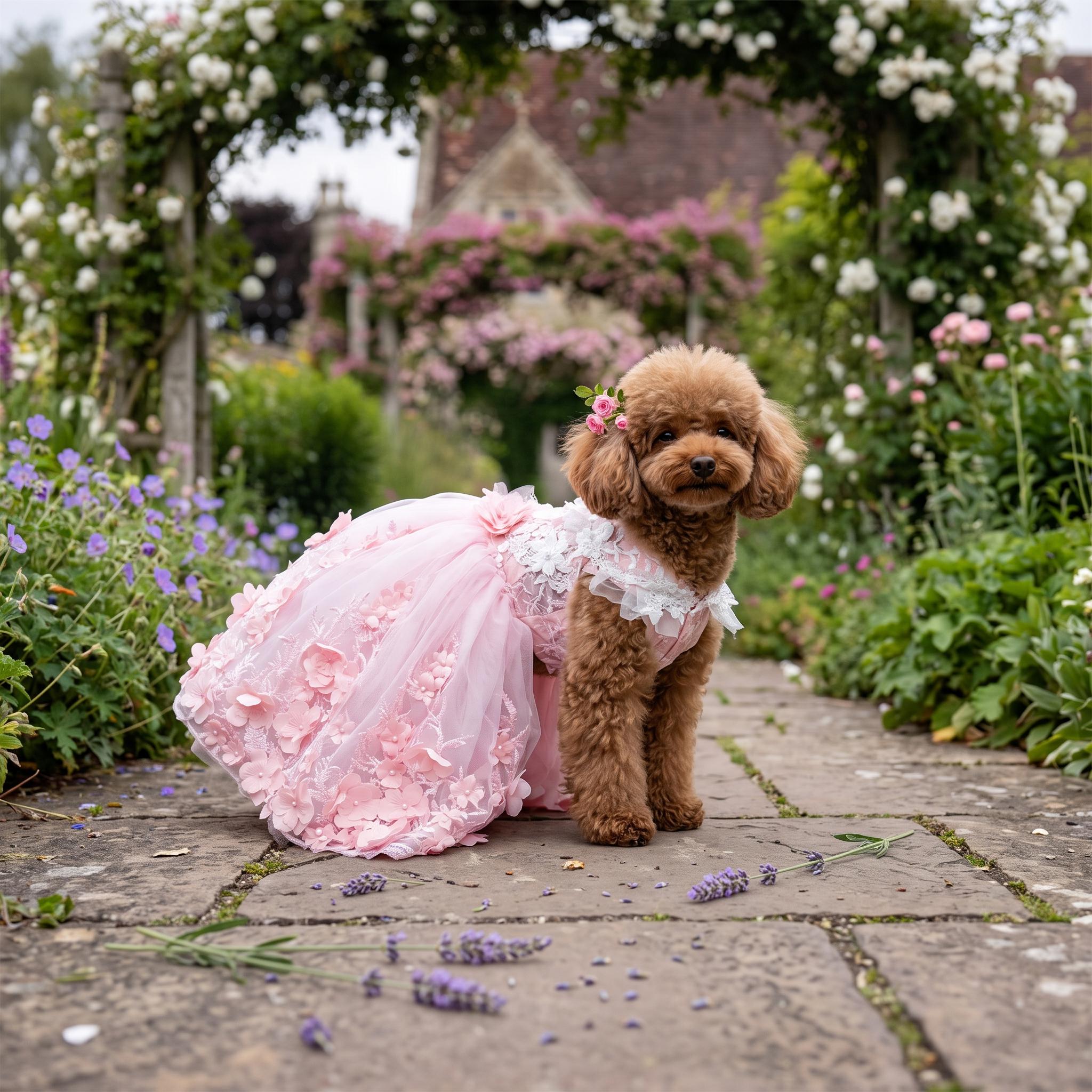 Coco Rosette Pink Dog Wedding Dress, 3D Flower Tulle Dog Gown with Train, Luxury Princess Dress for Small Dogs, Dog Quinceanera Birthday Gown — product photograph 1 of 9.