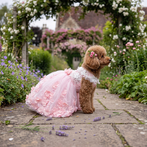 Coco Rosette Pink Dog Wedding Dress, 3D Flower Tulle Dog Gown with Train, Luxury Princess Dress for Small Dogs, Dog Quinceanera Birthday Gown — product photograph 2 of 9.