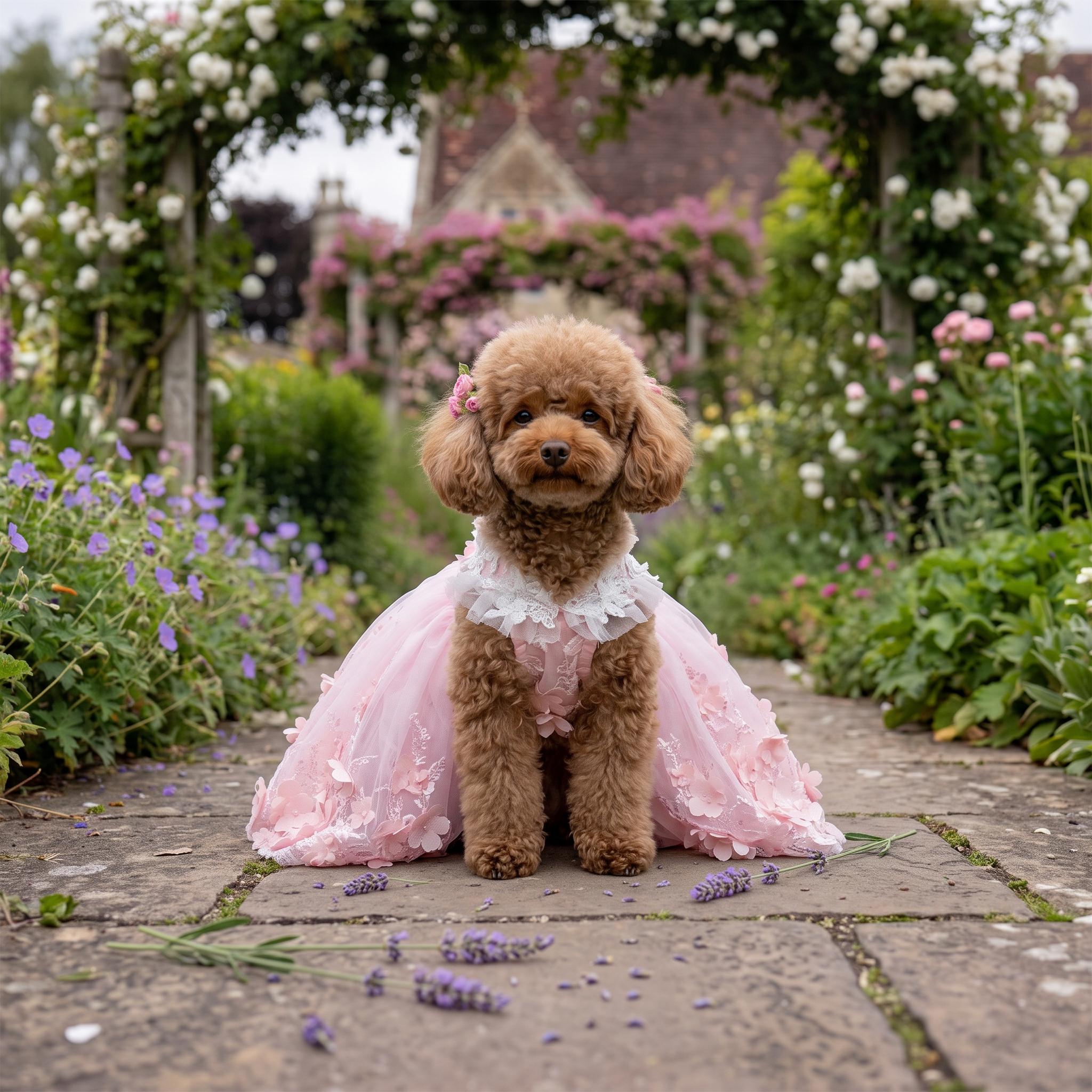 Coco Rosette Pink Dog Wedding Dress, 3D Flower Tulle Dog Gown with Train, Luxury Princess Dress for Small Dogs, Dog Quinceanera Birthday Gown — product photograph 3 of 9.