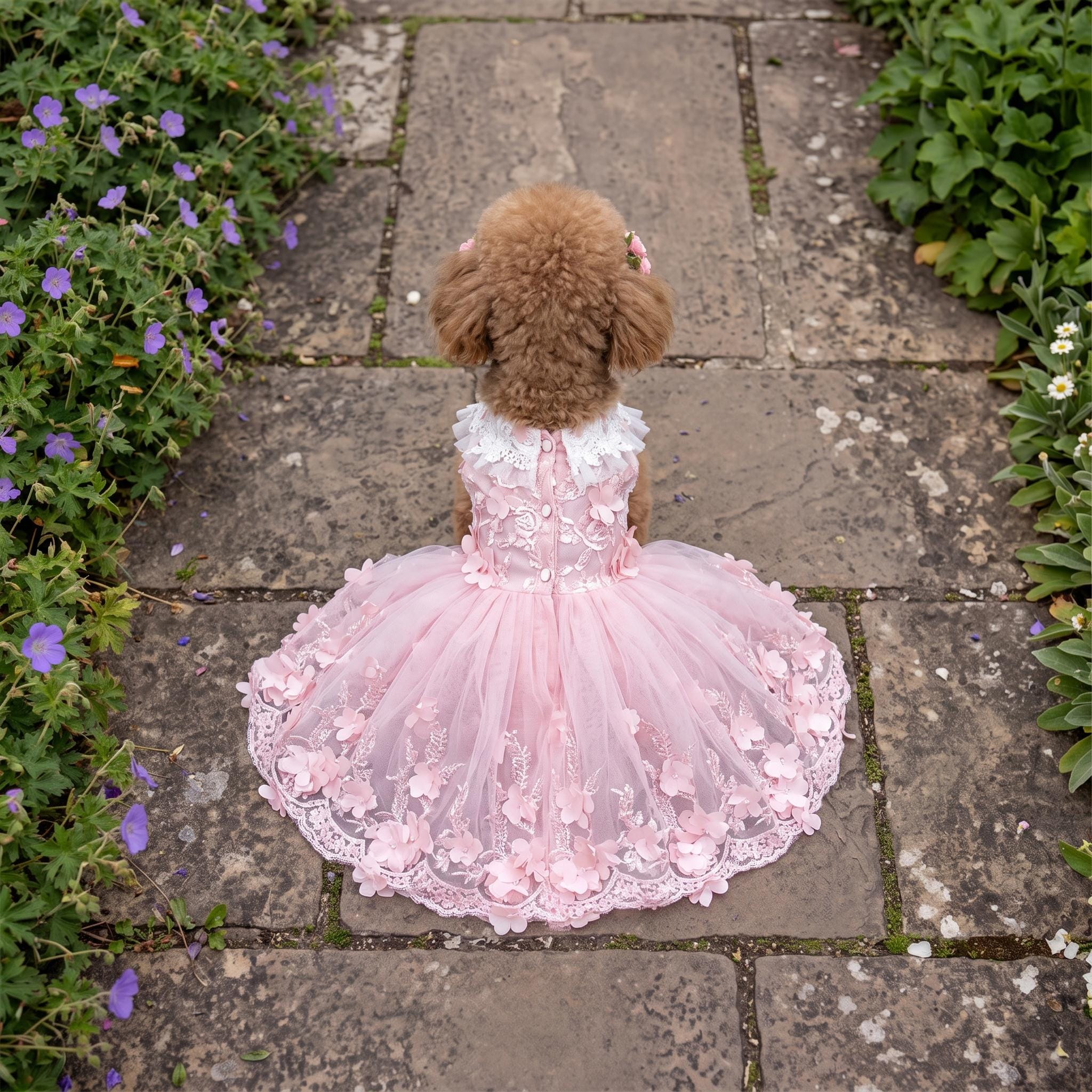 Coco Rosette Pink Dog Wedding Dress, 3D Flower Tulle Dog Gown with Train, Luxury Princess Dress for Small Dogs, Dog Quinceanera Birthday Gown — product photograph 4 of 9.