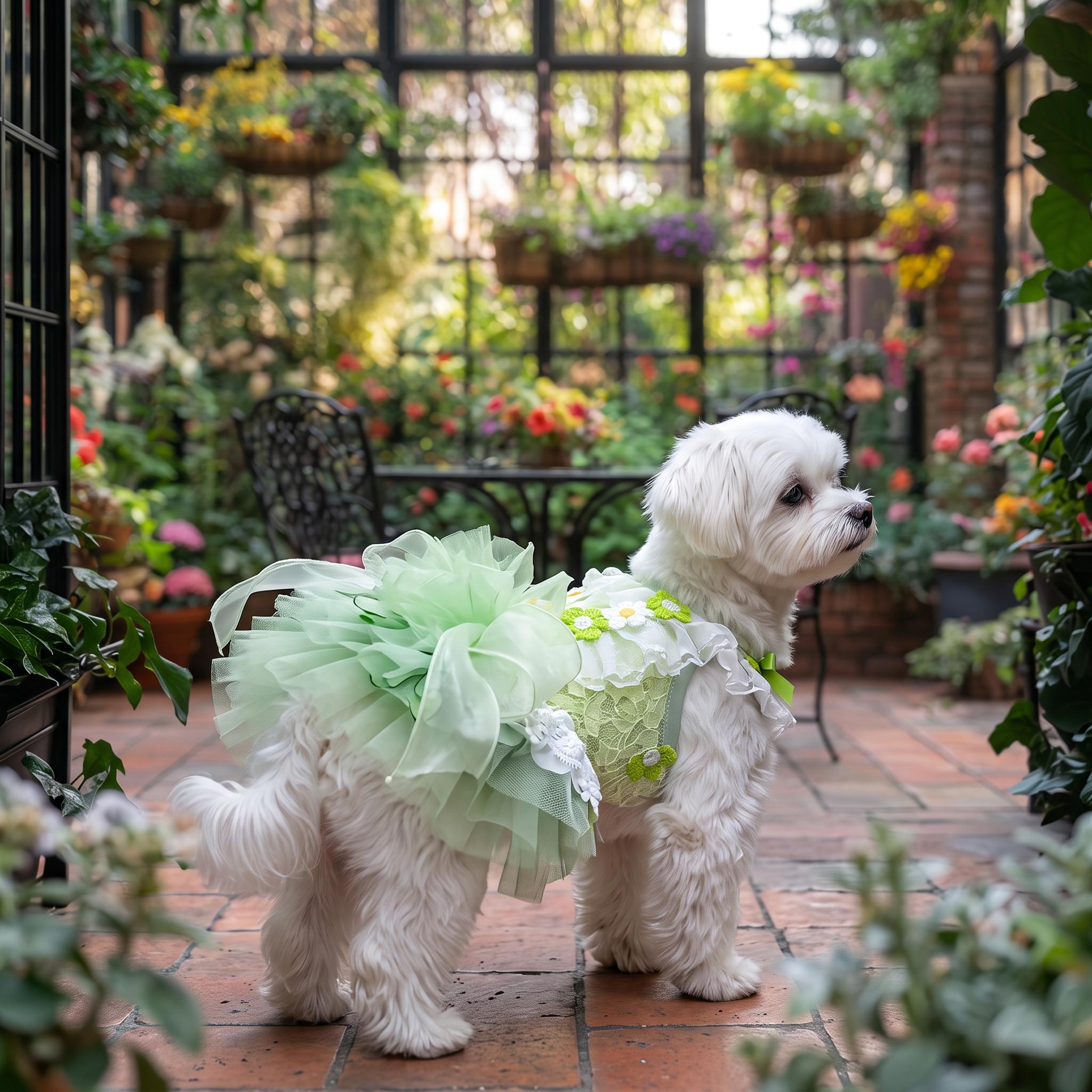 Coco Rosette Green Floral Dog Dress, Garden Wedding Dog Outfit, Fairy Princess Pet Gown for Dogs and Cats, Spring Birthday Dress, Custom Size — product photograph 2 of 8.