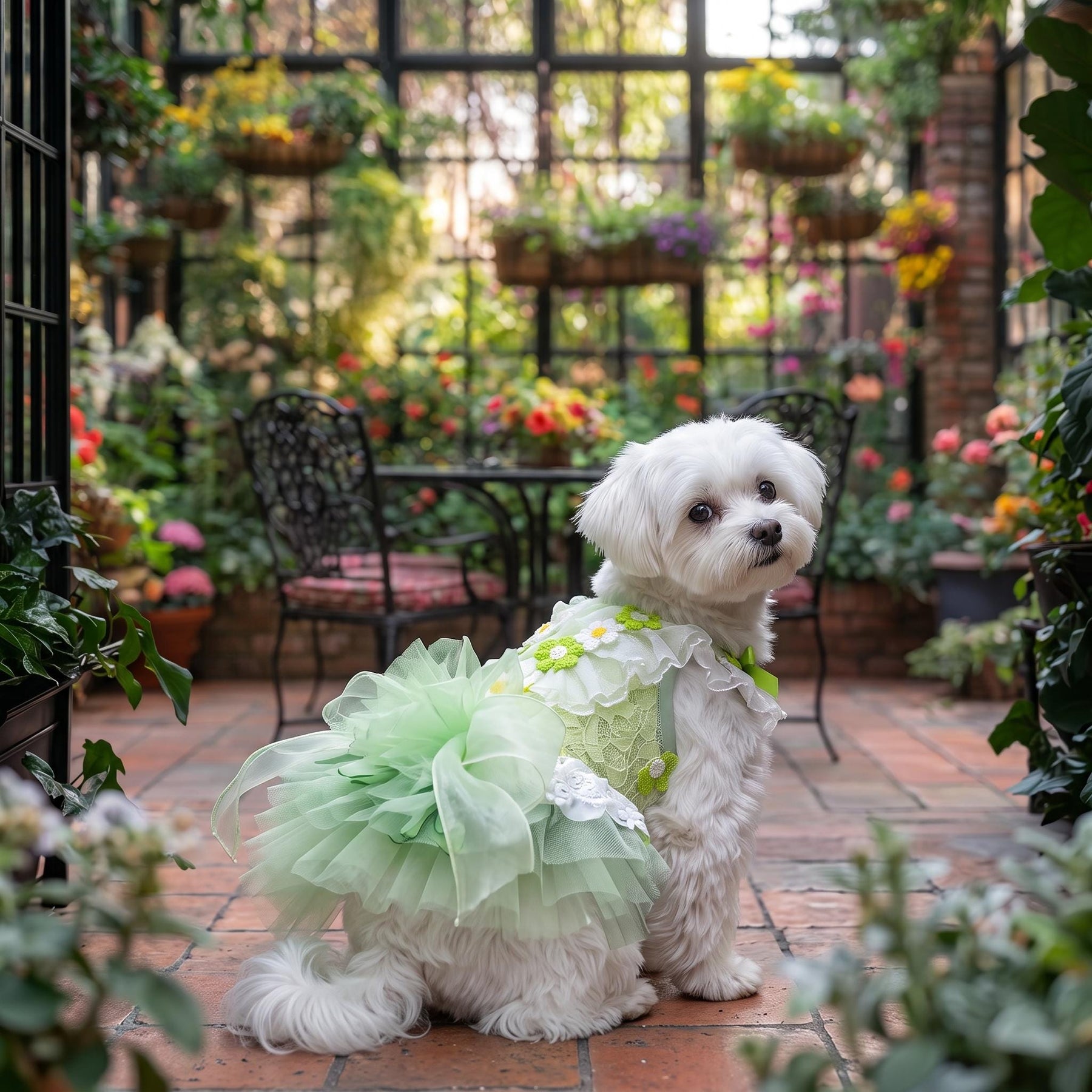 Coco Rosette Green Floral Dog Dress, Garden Wedding Dog Outfit, Fairy Princess Pet Gown for Dogs and Cats, Spring Birthday Dress, Custom Size — product photograph 1 of 8.