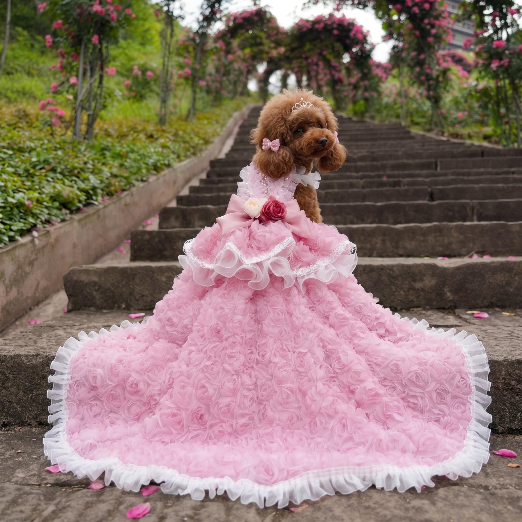 Coco Rosette Dog Wedding Dress, Pink Feather Tulle Dog Gown, Luxury Princess Dress for Small Dogs, Pet Bride Outfit, Dog Birthday Photoshoot Gown — product photograph 1 of 7.