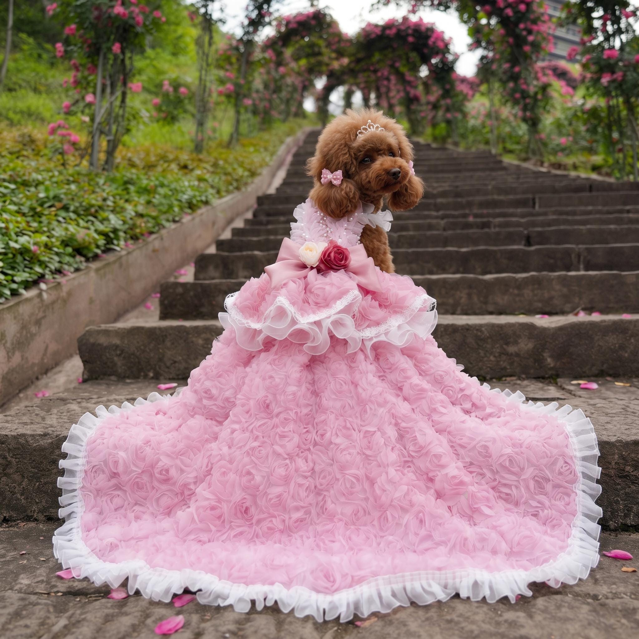 Coco Rosette Dog Wedding Dress, Pink Feather Tulle Dog Gown, Luxury Princess Dress for Small Dogs, Pet Bride Outfit, Dog Birthday Photoshoot Gown — product photograph 1 of 7.