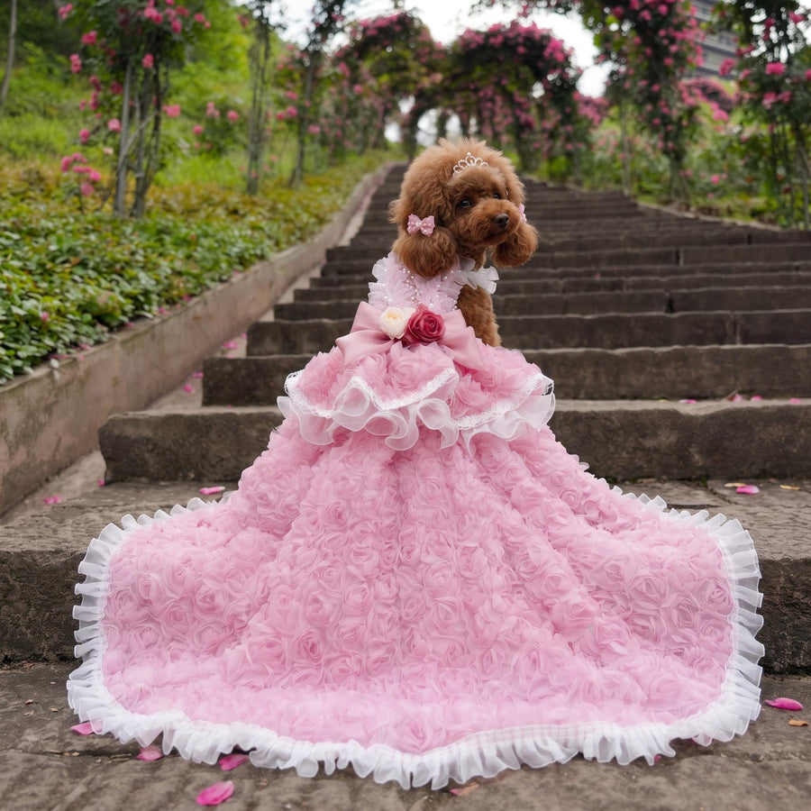 Coco Rosette Dog Wedding Dress, Pink Feather Tulle Dog Gown, Luxury Princess Dress for Small Dogs, Pet Bride Outfit, Dog Birthday Photoshoot Gown — product photograph 1 of 7.