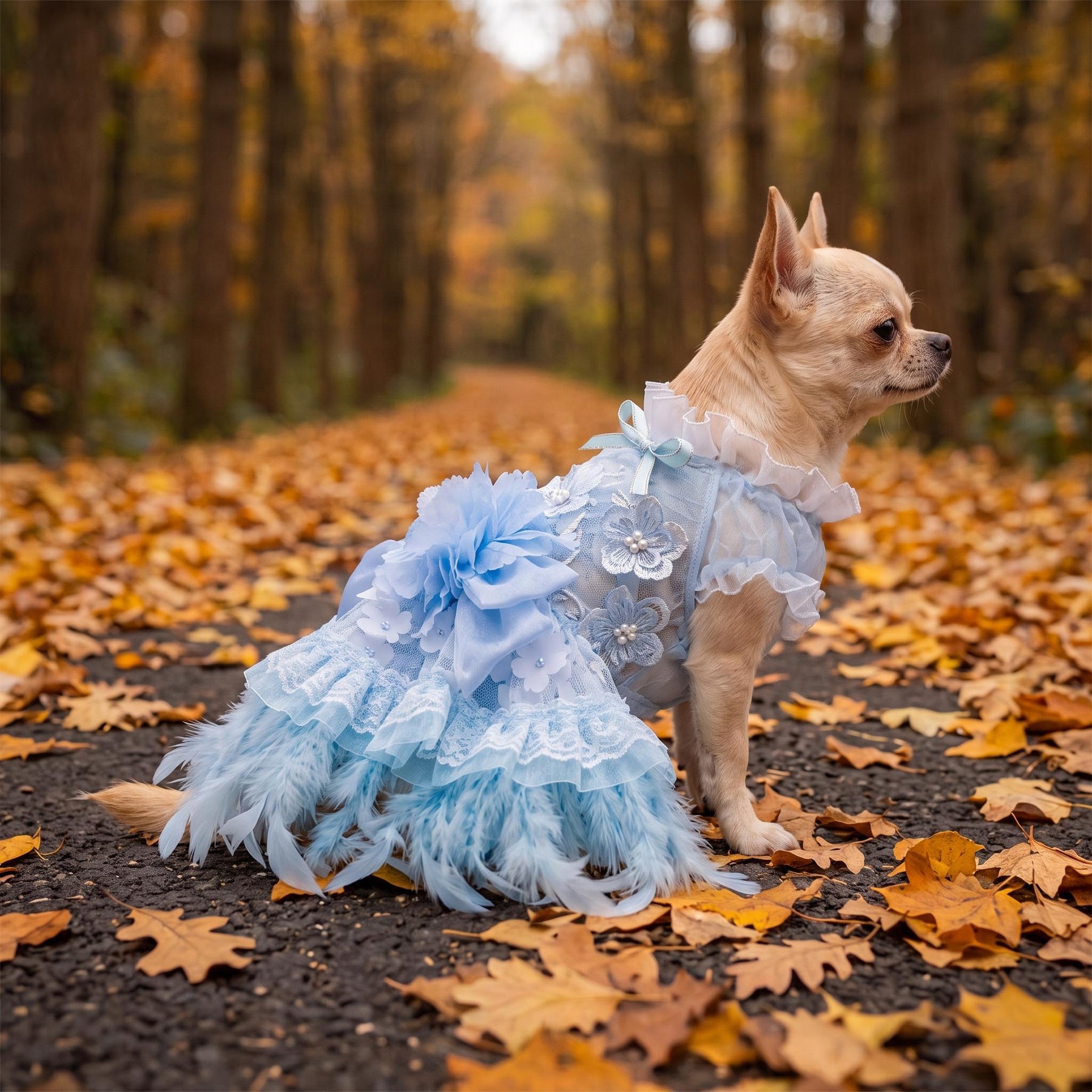 Coco Rosette Blue Dog Wedding Dress, Feather Tulle Dog Gown, Something Blue Pet Outfit, Princess Dress for Dogs, Dog Birthday Party Gown — product photograph 3 of 8.