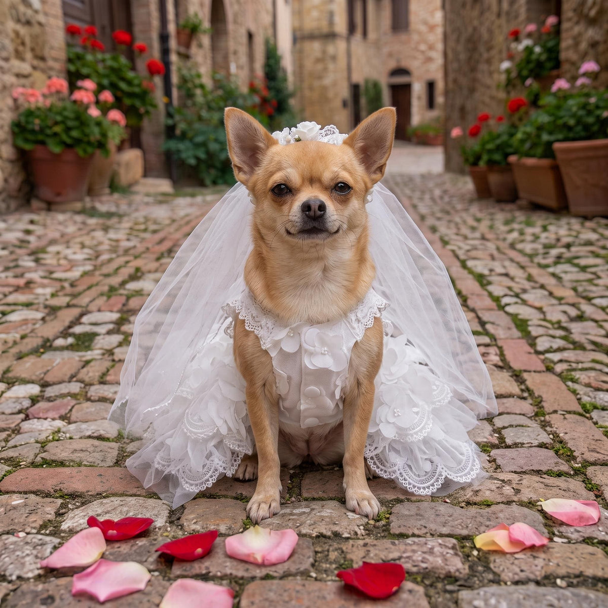 White Lace Dog Wedding Dress with Veil — product image 4 of 7