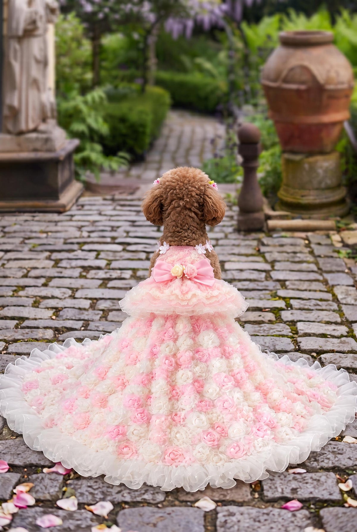 Pink and Ivory Rose Dog Wedding Gown with Detachable Train — product image 2 of 5