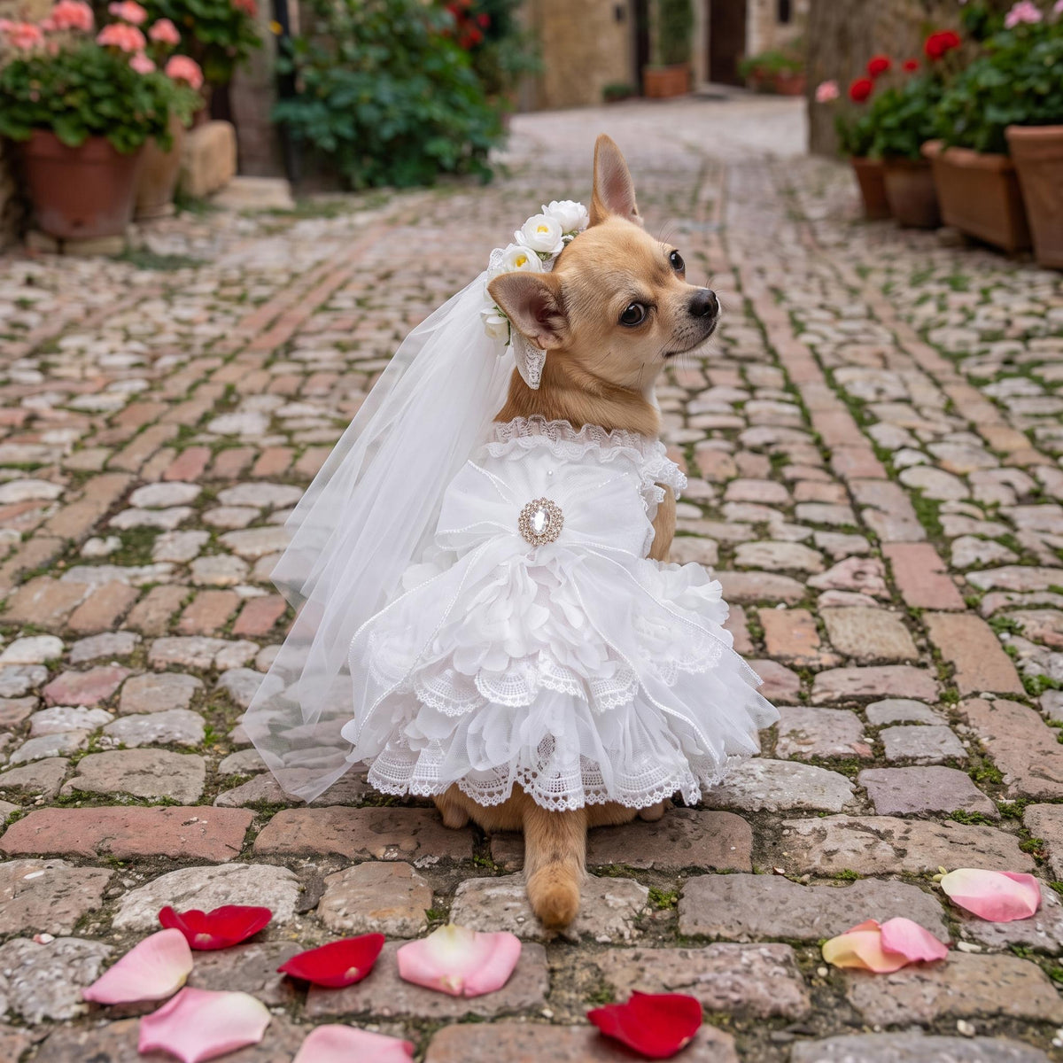 May include: A tan Chihuahua wearing a white tiered lace dress with a large central bow and a rhinestone brooch. The dog also wears a matching white floral headpiece with a sheer veil, standing on a cobblestone path with scattered rose petals.