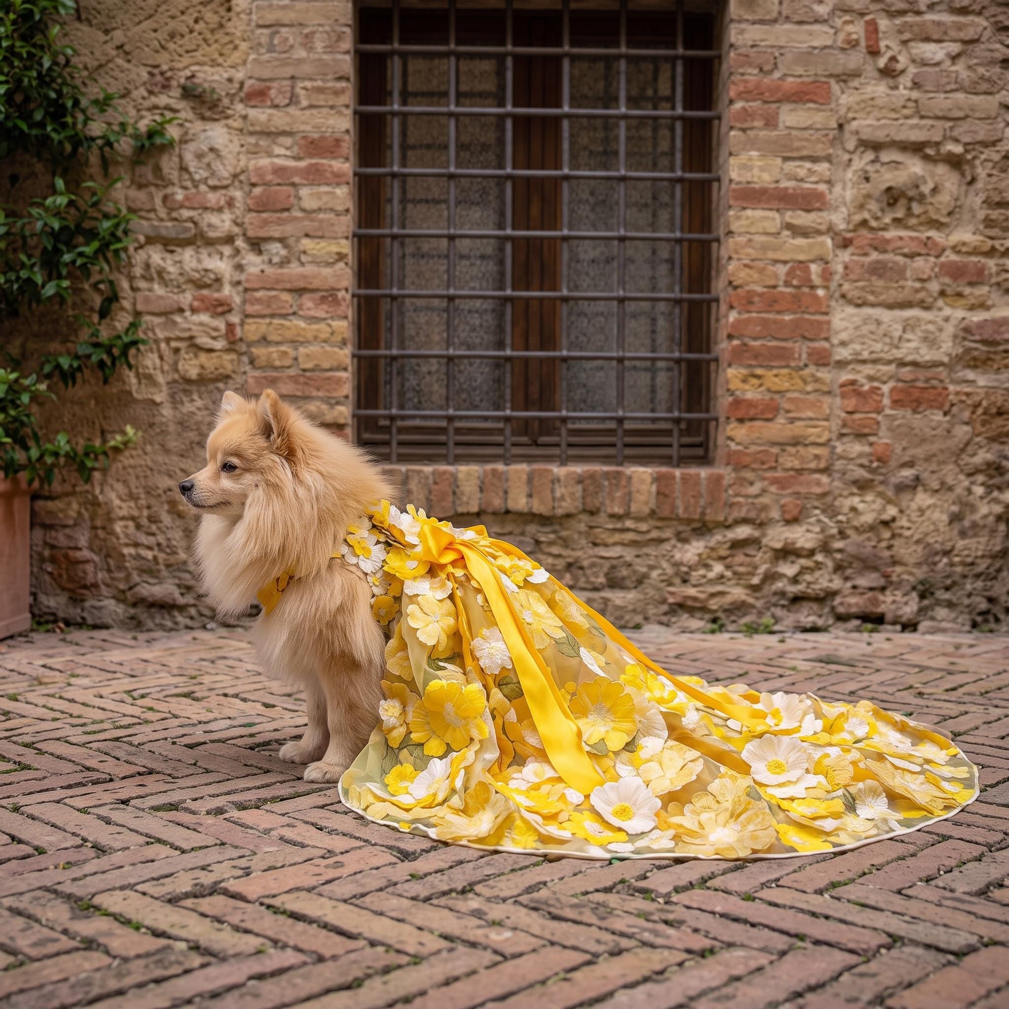 Coco Rosette Yellow Dog Wedding Gown, Sunflower 3D Flower Tulle Dog Dress with Train, Luxury Princess Gown for Dogs, Garden Wedding Pet Outfit — product photograph 2 of 4.
