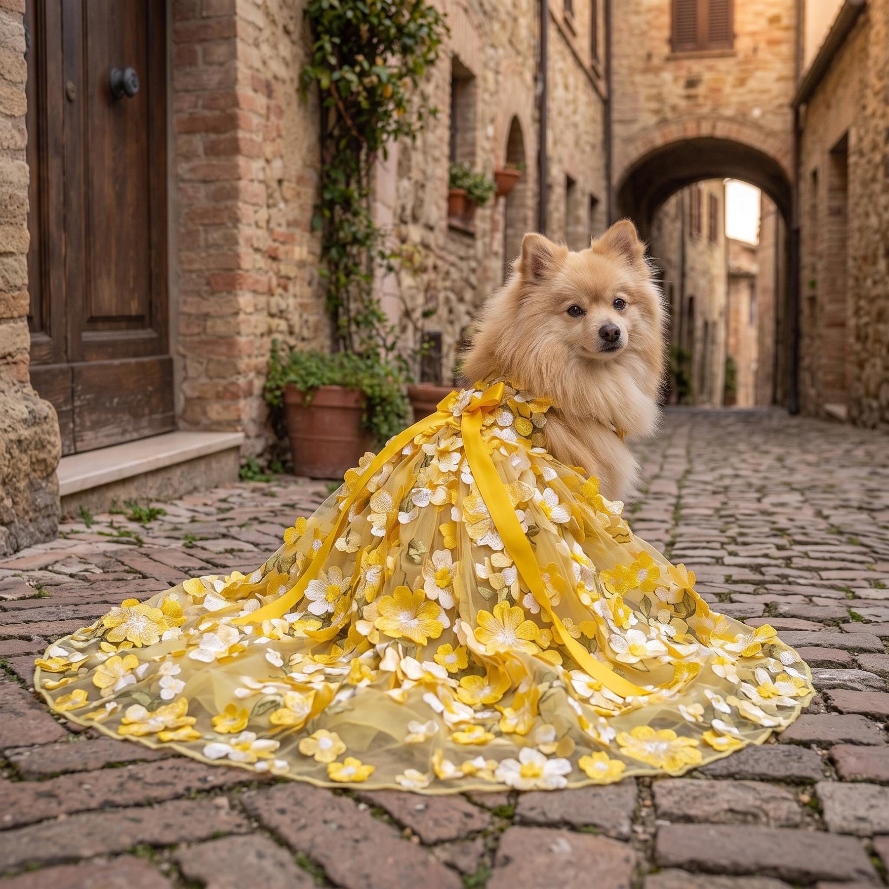 Coco Rosette Yellow Dog Wedding Gown, Sunflower 3D Flower Tulle Dog Dress with Train, Luxury Princess Gown for Dogs, Garden Wedding Pet Outfit — product photograph 1 of 4.
