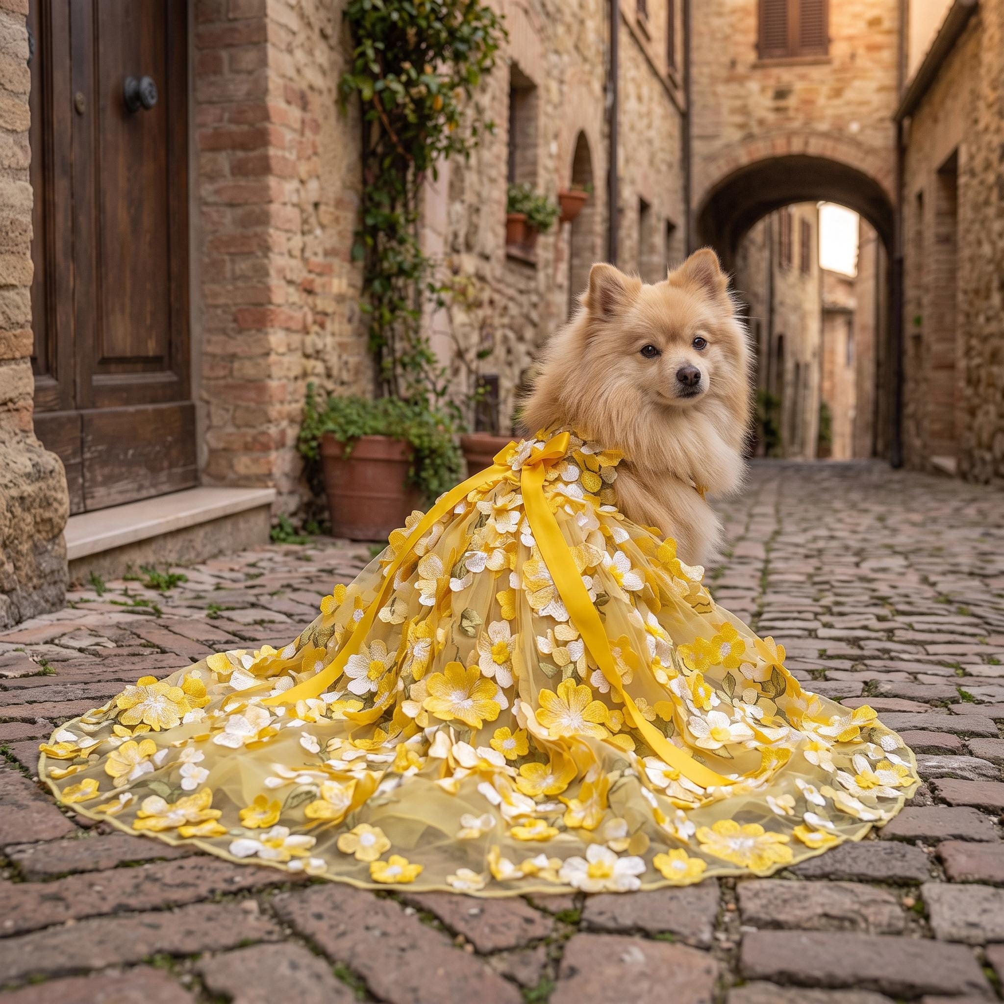 Coco Rosette Yellow Dog Wedding Gown, Sunflower 3D Flower Tulle Dog Dress with Train, Luxury Princess Gown for Dogs, Garden Wedding Pet Outfit — product photograph 1 of 4.