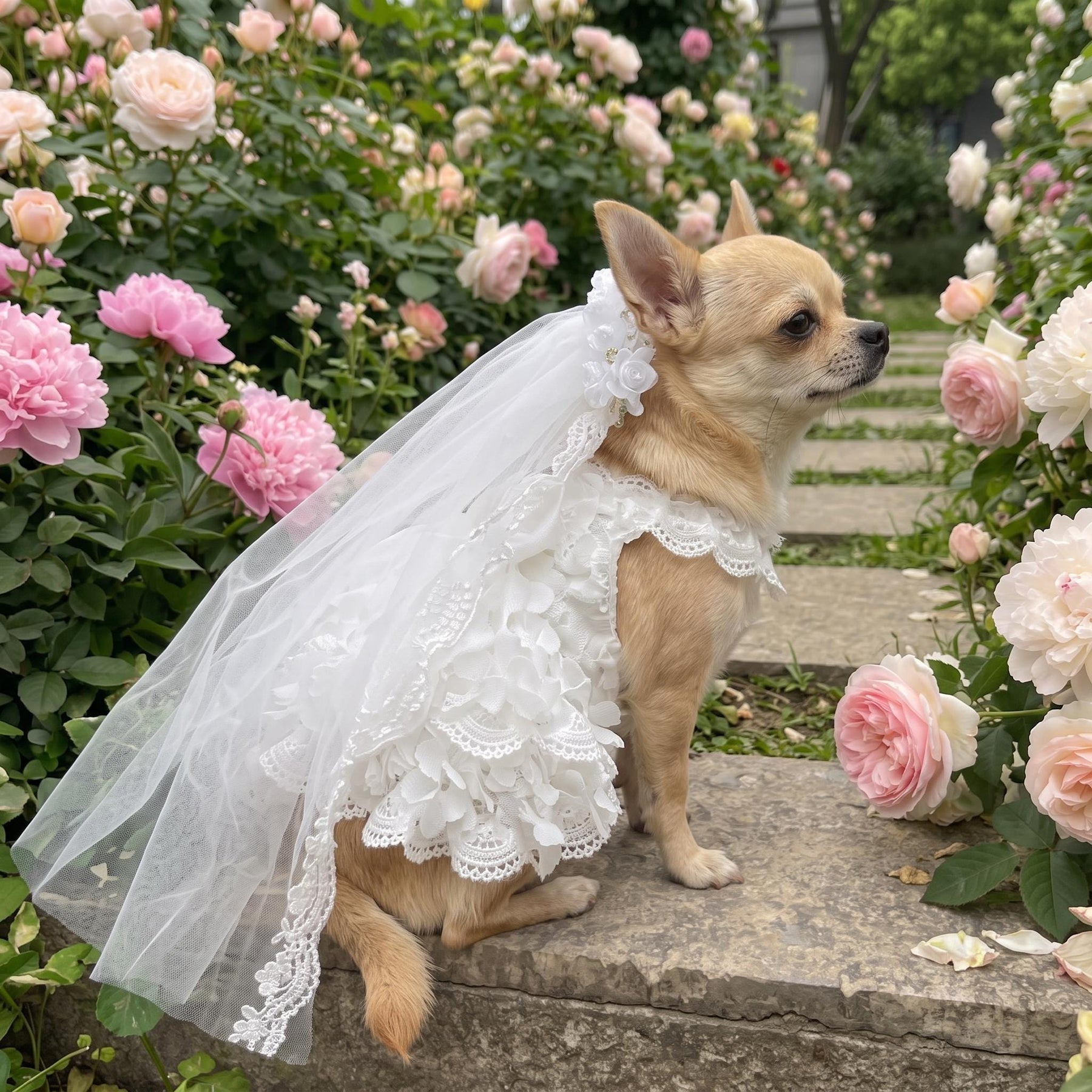 Coco Rosette Dog Wedding Dress with Veil, White Lace Dog Gown, Bride Dog Outfit for Wedding Photos, Princess Dress for Small Dogs XXS to XXL — product photograph 3 of 10.