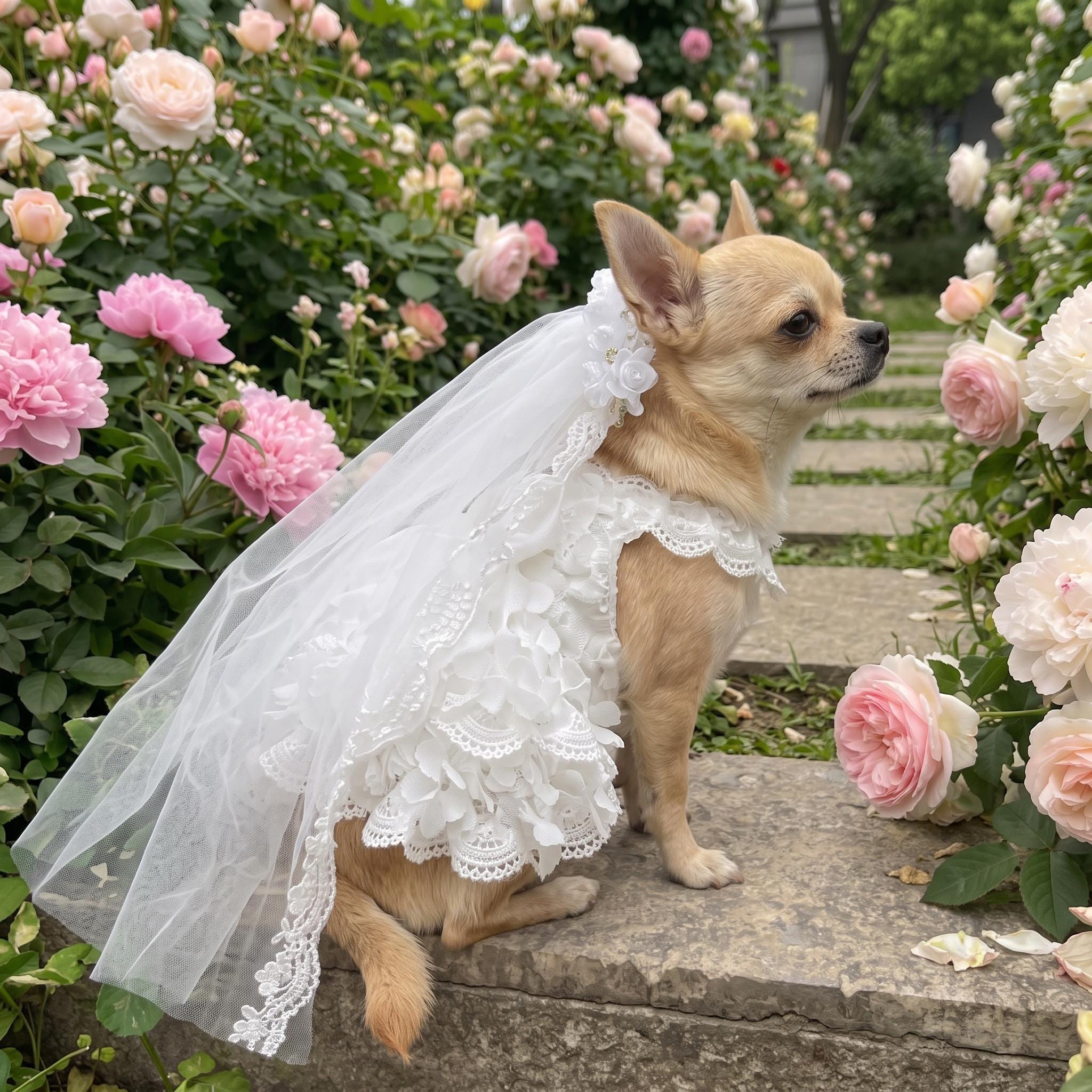 Coco Rosette Dog Wedding Dress with Veil, White Lace Dog Gown, Bride Dog Outfit for Wedding Photos, Princess Dress for Small Dogs XXS to XXL — product photograph 3 of 10.