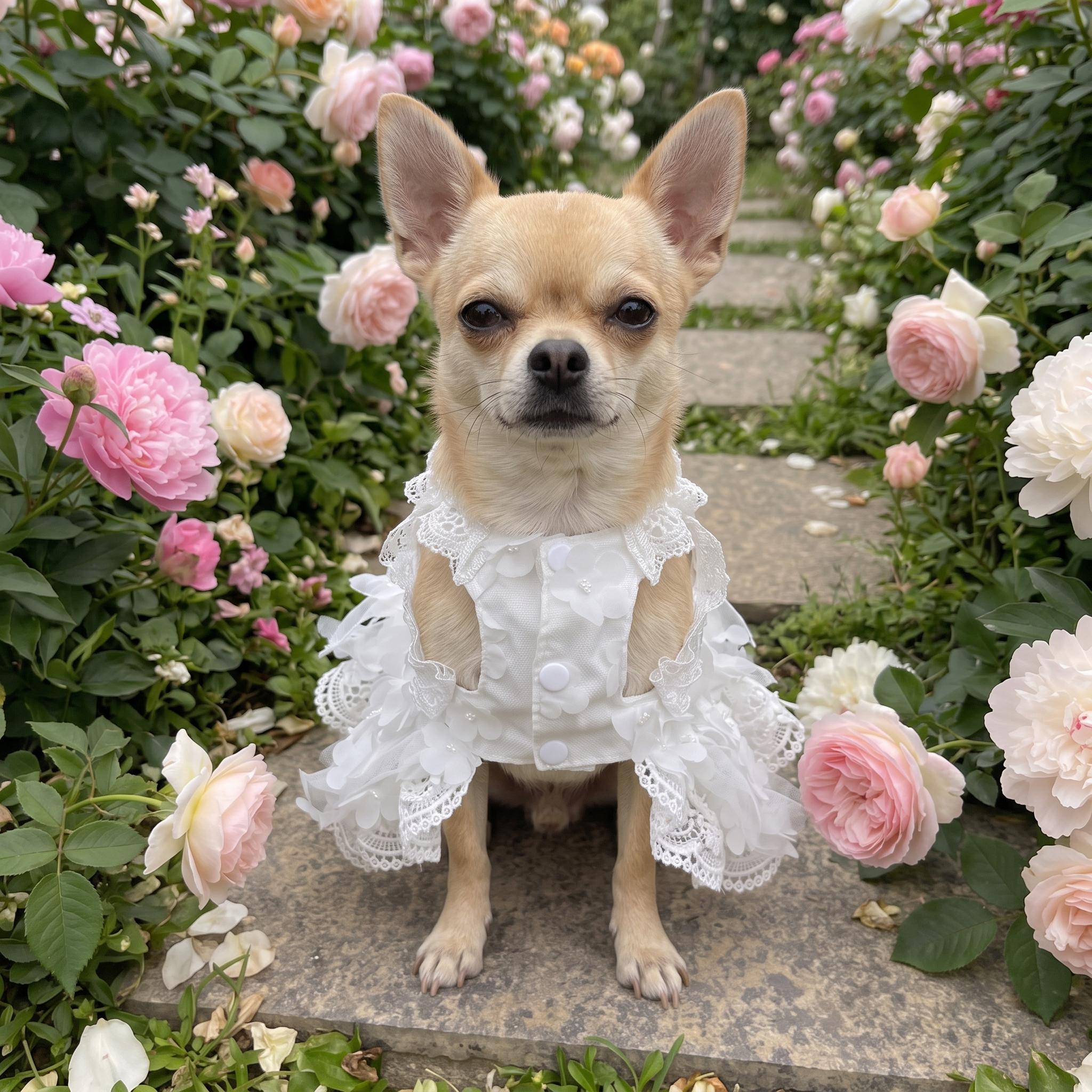Coco Rosette Dog Wedding Dress with Veil, White Lace Dog Gown, Bride Dog Outfit for Wedding Photos, Princess Dress for Small Dogs XXS to XXL — product photograph 4 of 10.