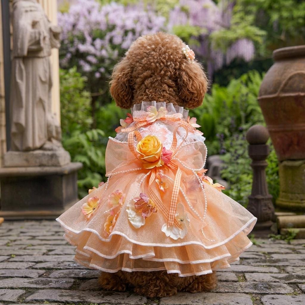 Coco Rosette Orange Floral Dog Dress, Autumn Wedding Guest Dog Outfit, Princess Birthday Dress for Dogs, Flower Pet Gown, Custom Size — product photograph 4 of 9.