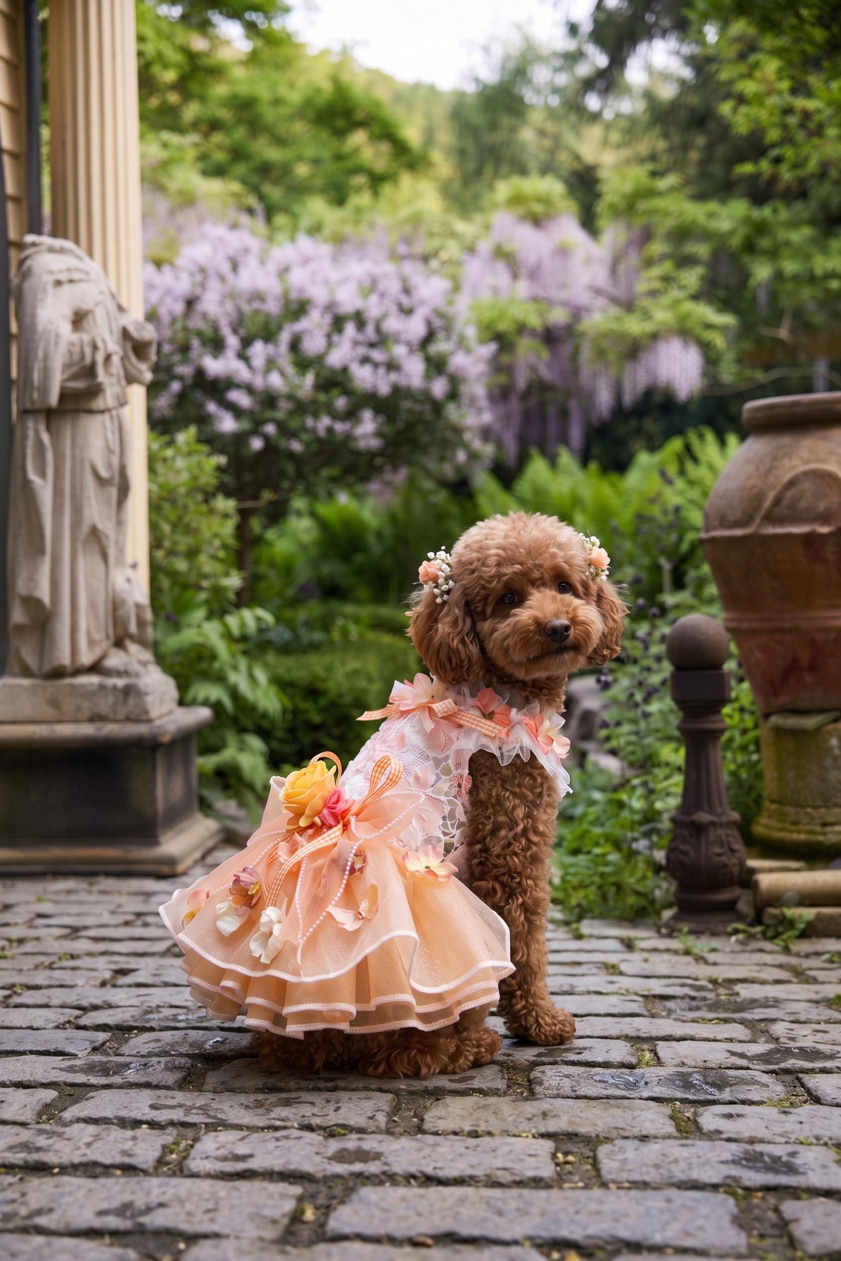 Coco Rosette Orange Floral Dog Dress, Autumn Wedding Guest Dog Outfit, Princess Birthday Dress for Dogs, Flower Pet Gown, Custom Size — product photograph 1 of 9.
