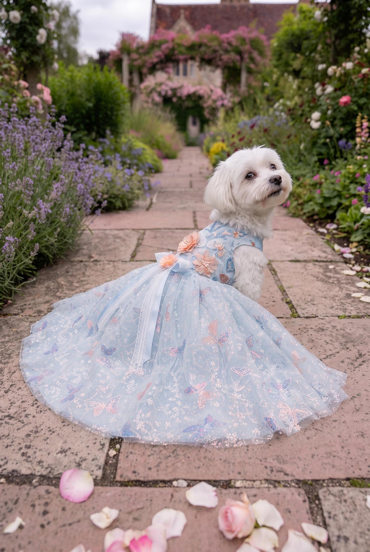 Pale Blue Butterfly Lace Dog Wedding Dress with Train — product image 3 of 4